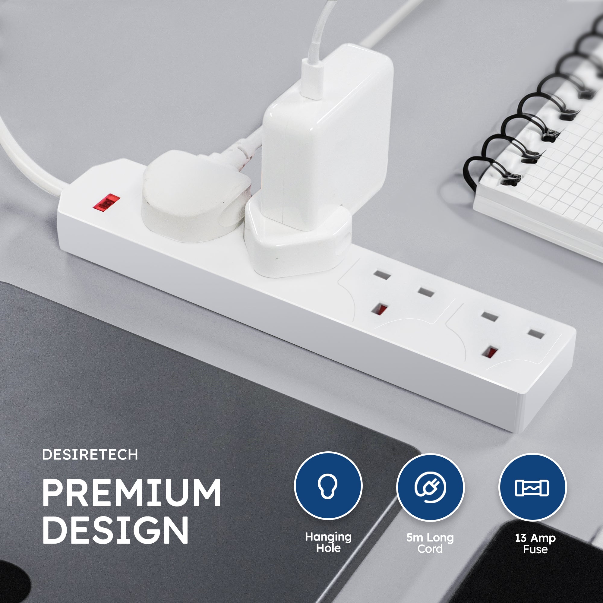 Desiretech Electric Extension Lead - 4 Gang, UK Plug & 3 Pin Socket - Wall Mountable & Multi Socket Mains Strip for Home, Bedroom, Kitchen, & Office (1 Pack)
