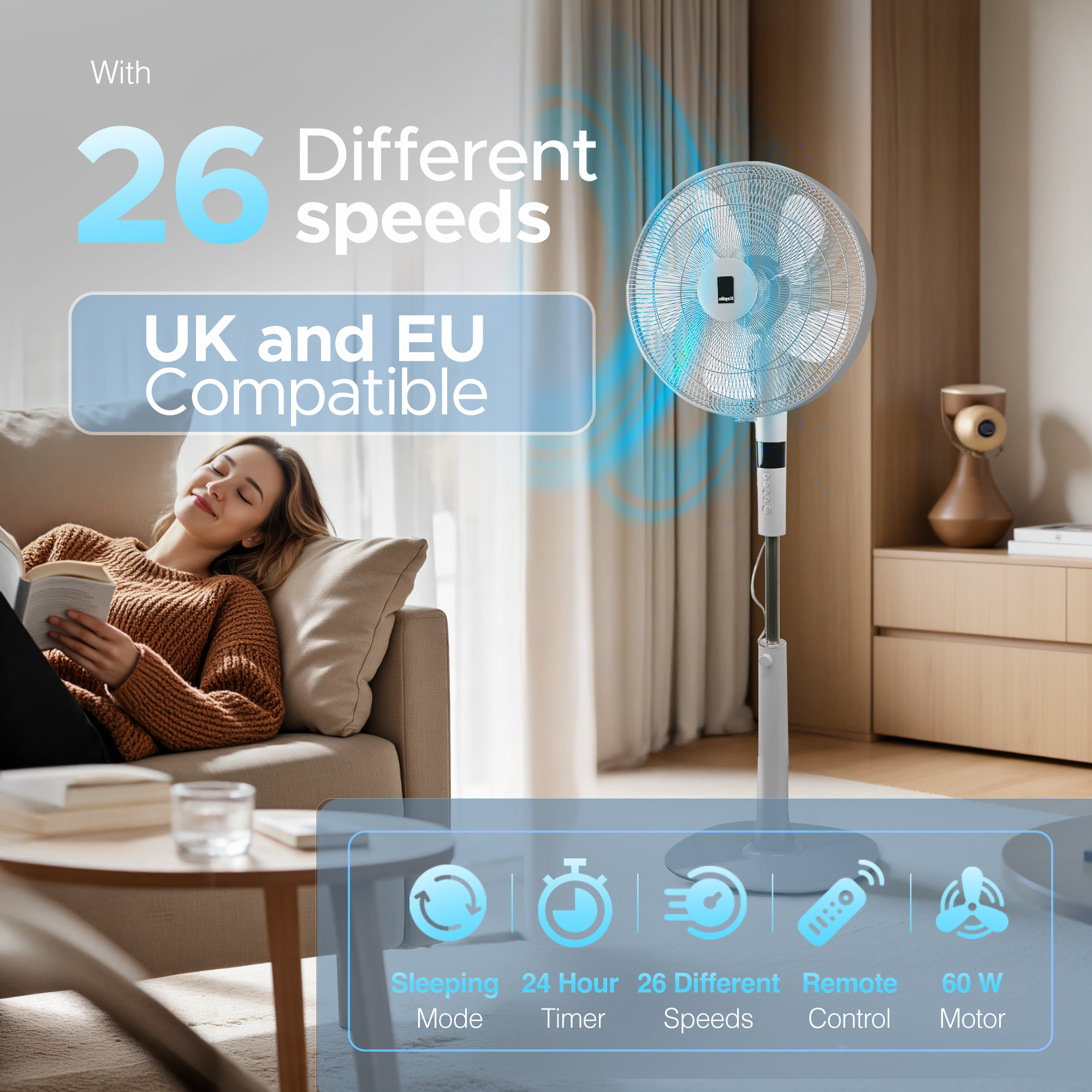 KEPLIN 16 Inch Pedestal Fan 26-Speed with UK & EU Plug, 10 Blades Standing Fan, Remote Control & LED Display Adjustable Height, Turbo Wind Speed,3 Modes, 24-Hour Timer & 90° Oscillation for Home,Office & Bedroom