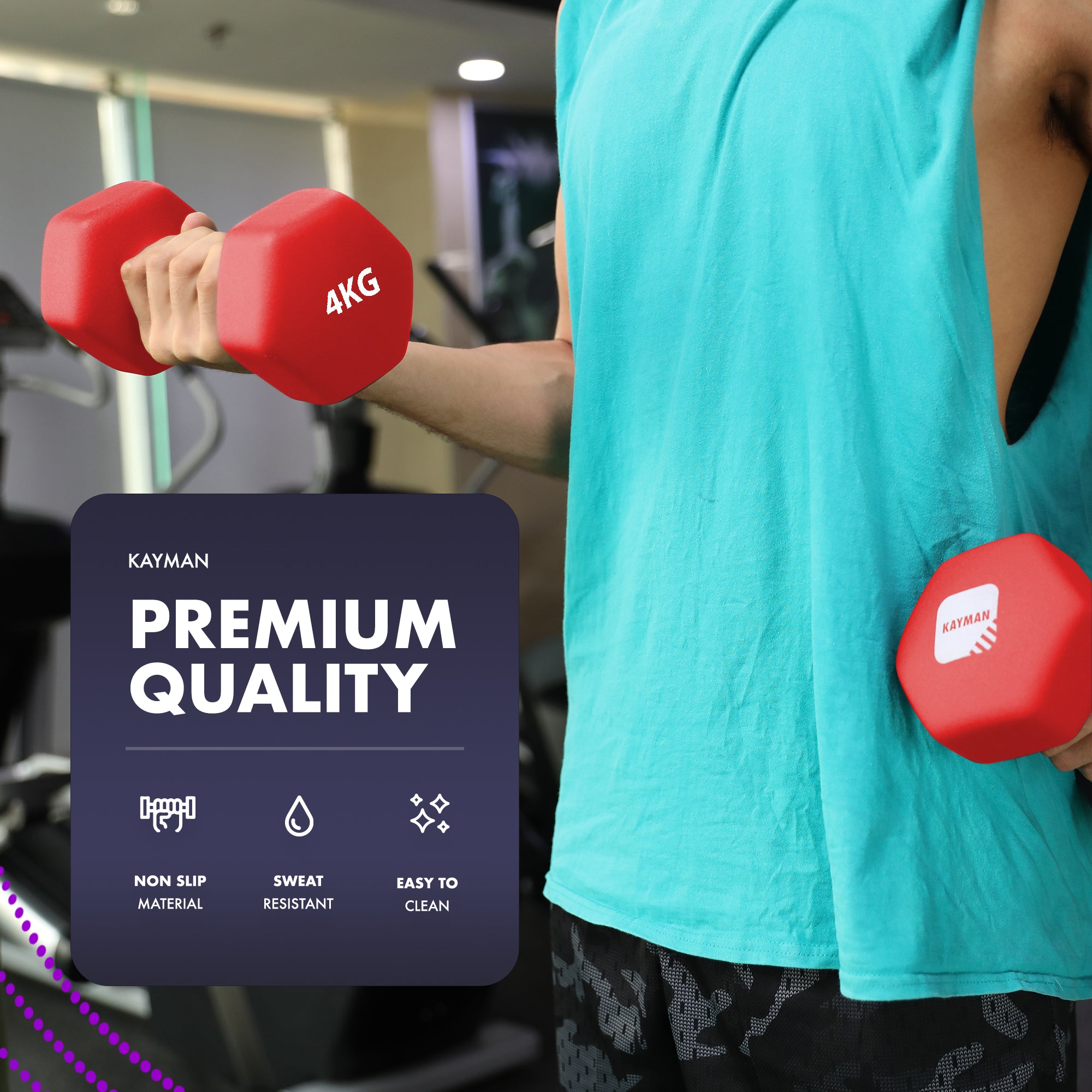 KAYMAN Neoprene Dumbbell Pair with Anti-Slip Grip, Hex Edges, Water-Resistant Surface & Workout Poster Guide - Weight Set for Home, Gym & Fitness Training Equipment (1kg 2kg 3kg 4kg 5kg 6kg 8kg 10kg)