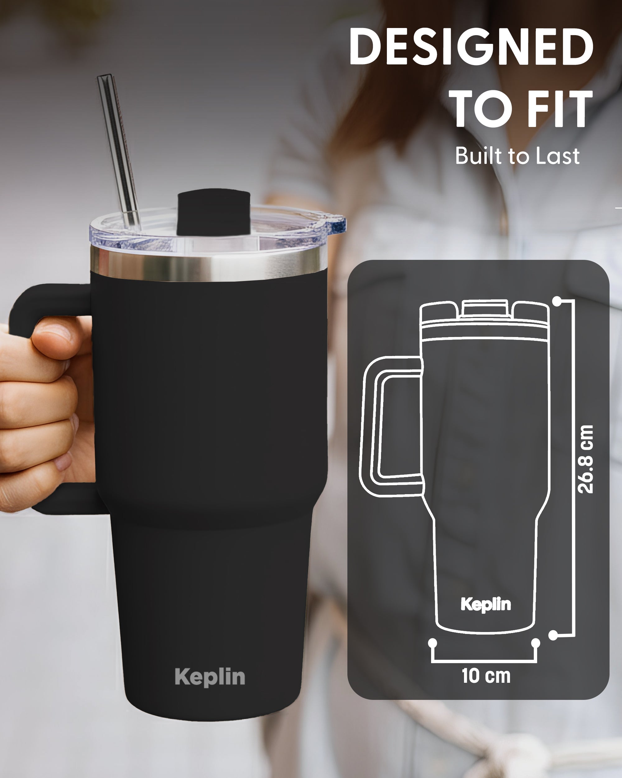 Keplin Tumbler 40 oz with Handle, Stainless Steel Vacuum Insulated Water Bottle with Straw and Lid, Cold for 29 Hours, Travel Mug, Thermal Flask, BPA Free