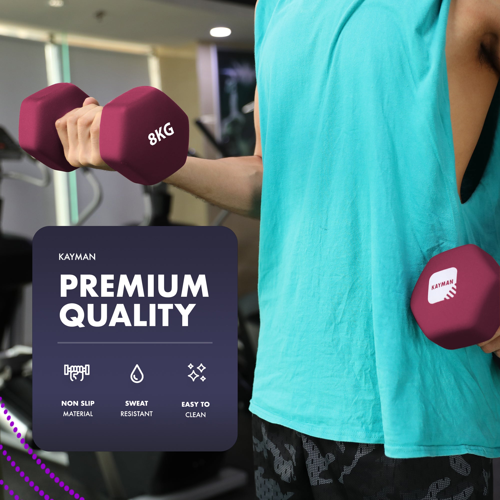 KAYMAN Neoprene Dumbbell Pair with Anti-Slip Grip, Hex Edges, Water-Resistant Surface & Workout Poster Guide - Weight Set for Home, Gym & Fitness Training Equipment (1kg 2kg 3kg 4kg 5kg 6kg 8kg 10kg)