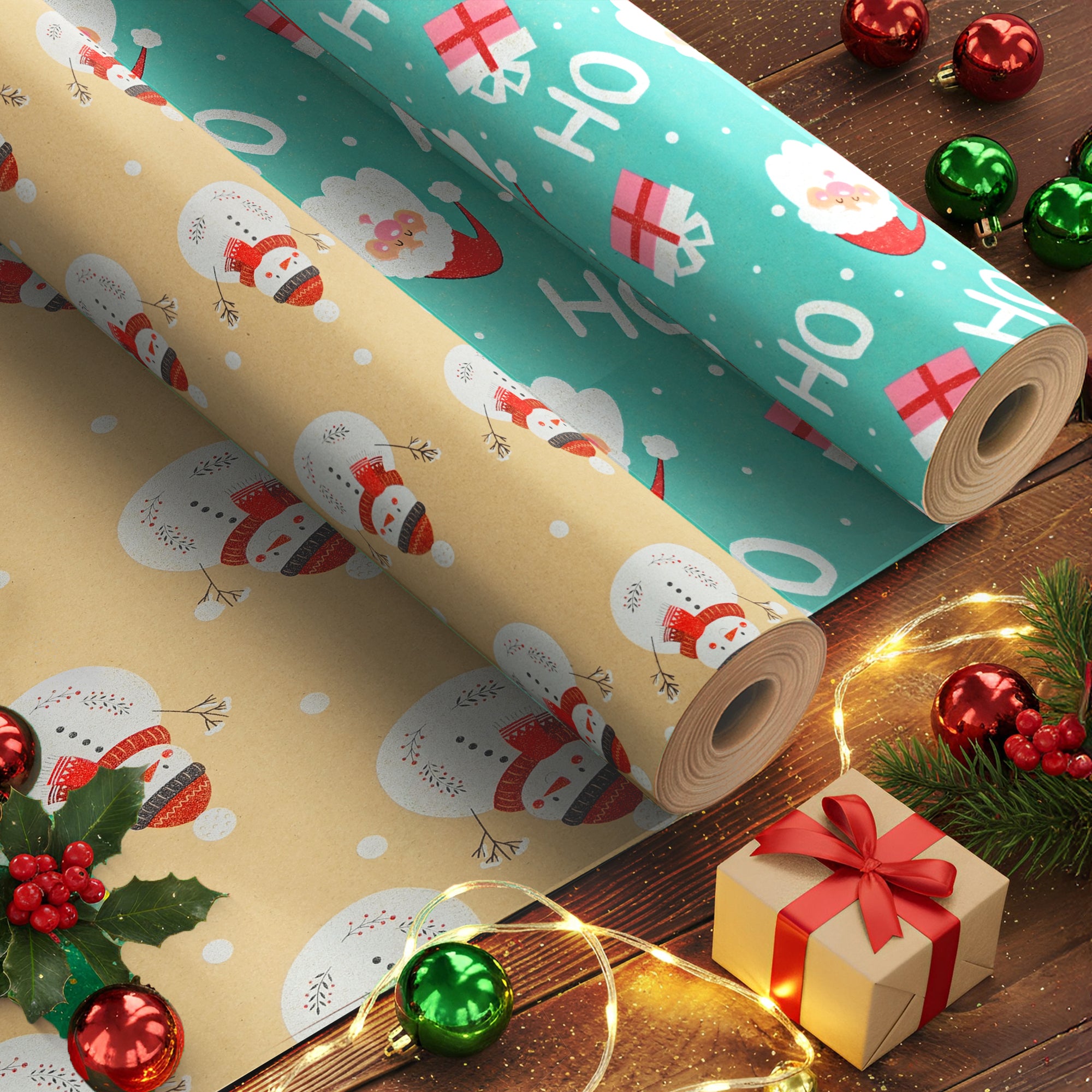 Kraft & Co 2 Pack Christmas Wrapping Paper Roll - Festive Designed Recyclable Kraft Paper, Perfect for Holiday Gifts, Arts & Crafts-Wrapping for a Merry Christmas (44.5cm x 25m)
