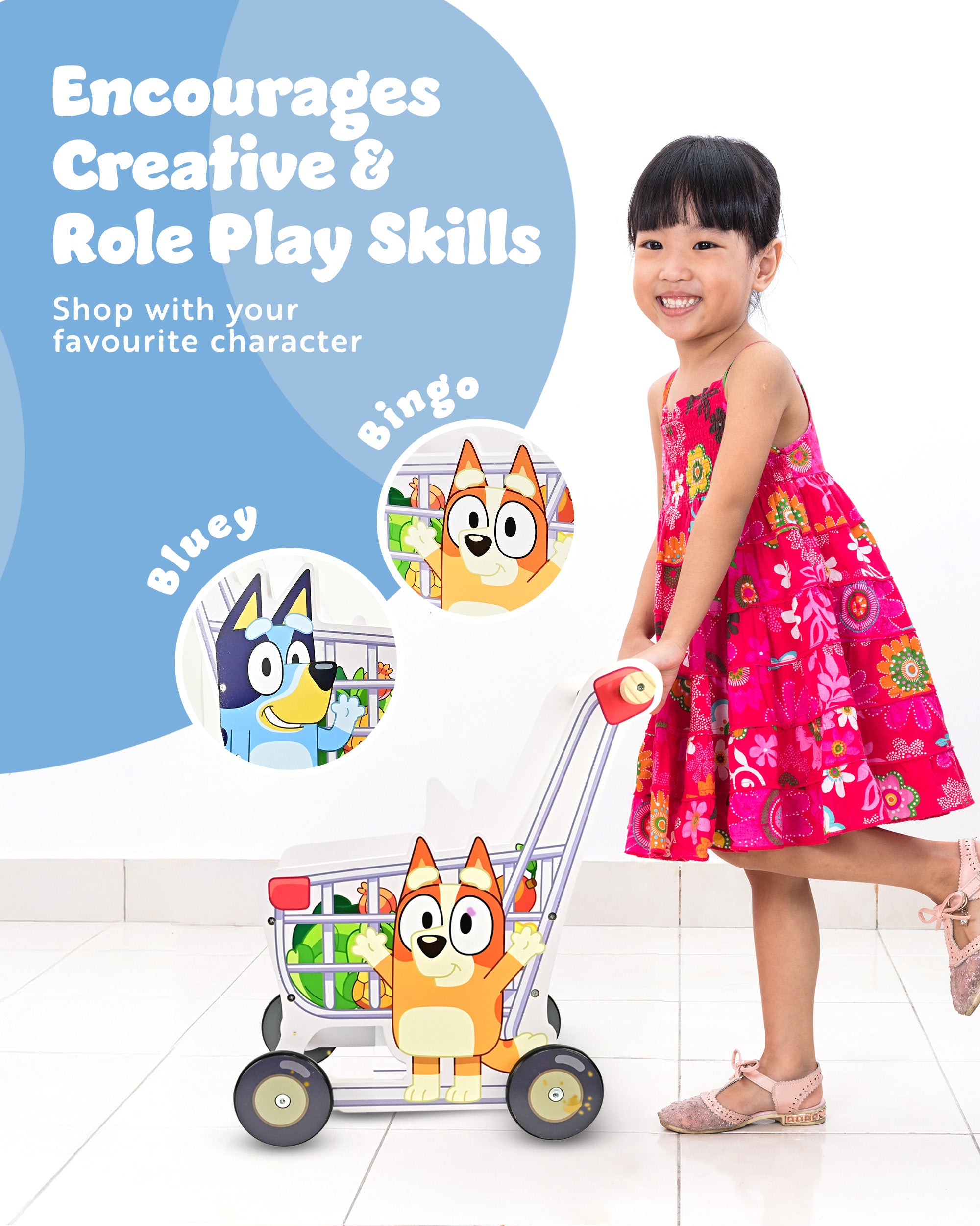 Bluey Shopping Trolley, with Free-Rolling Wheels and Rotating Handle. The Ideal Size For Toddlers