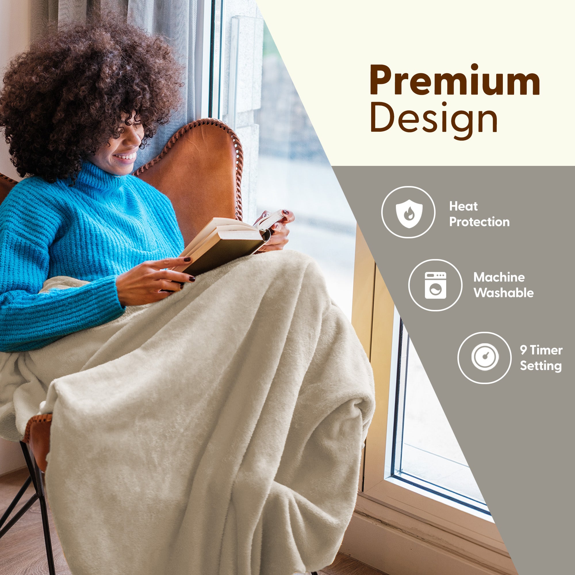 Electric Heated Throw Blanket - Machine Washable Fleece Wool Duvet, 9 Heat Settings & Timer