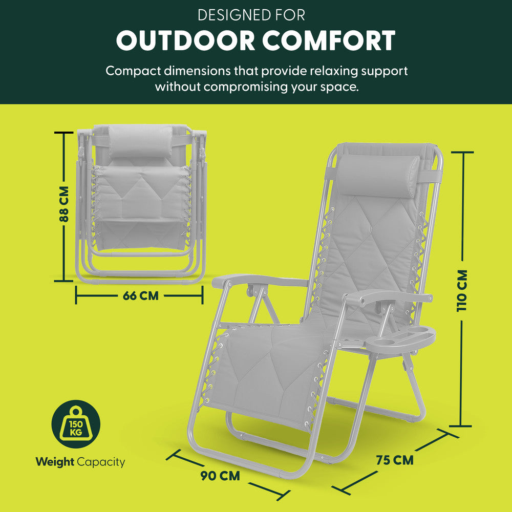 KEPLIN Set of 2 XXL Premium Heavy Duty Quilted Zero Gravity Chairs - Luxurious Garden Recliners, Adjustable Headrest, Cup & Phone Holder, Foldable, Easy to Clean Patio Sun Loungers