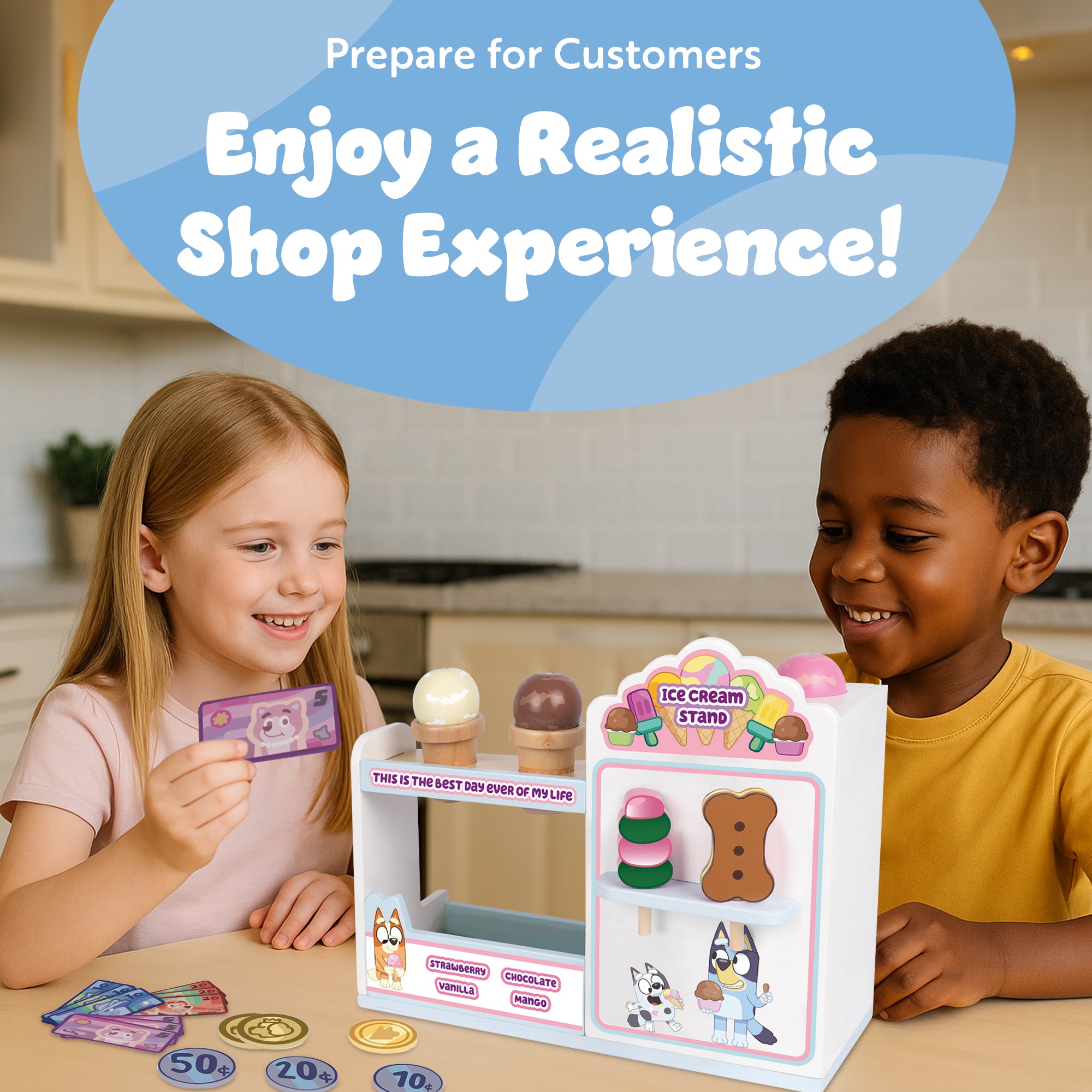 Bluey Ice Cream Playset – Kids' Toy Ice Cream Shop with Cones, Tubs, Lollies, Sprinkles & Payment Accessories – Fun Pretend Play Set for Toddlers & Children Toys for Boys & Girls