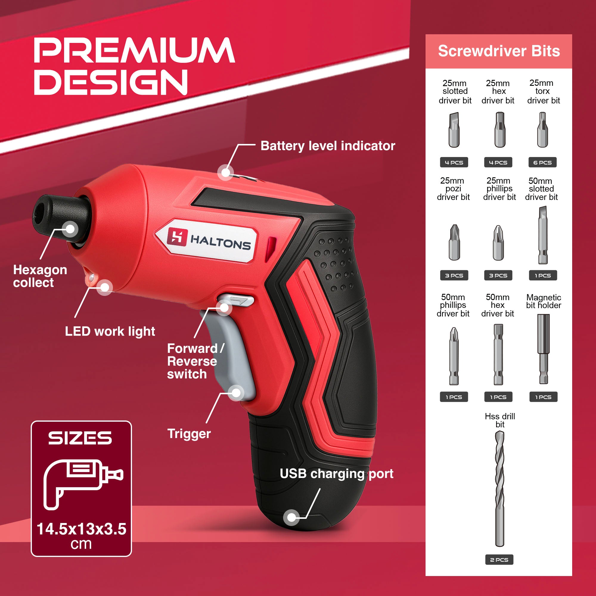 Haltons 25-Pc Electric Screwdriver Set – 3.6V Cordless Power Driver with 1500mAh Lithium Battery, 5.0Nm Torque, 300RPM, 25mm CRV Bits, LED Light – Compact Tool Kit for DIY, Home & Office Use