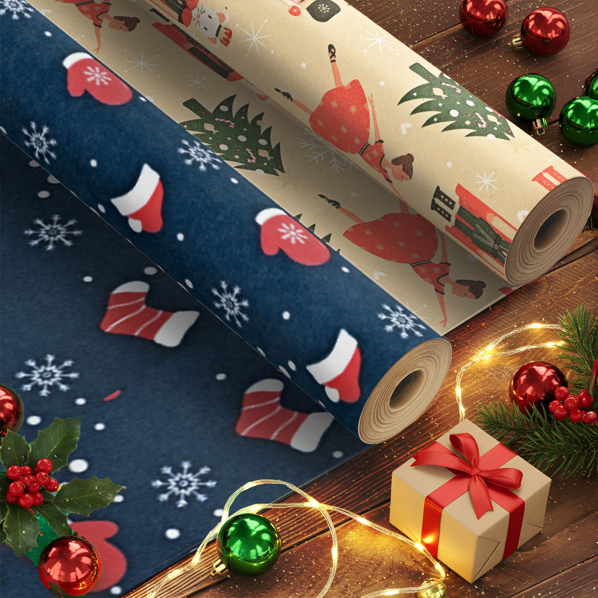 Kraft & Co 2 Pack Christmas Wrapping Paper Roll - Festive Designed Recyclable Kraft Paper, Perfect for Holiday Gifts, Arts & Crafts-Wrapping for a Merry Christmas (44.5cm x 25m)