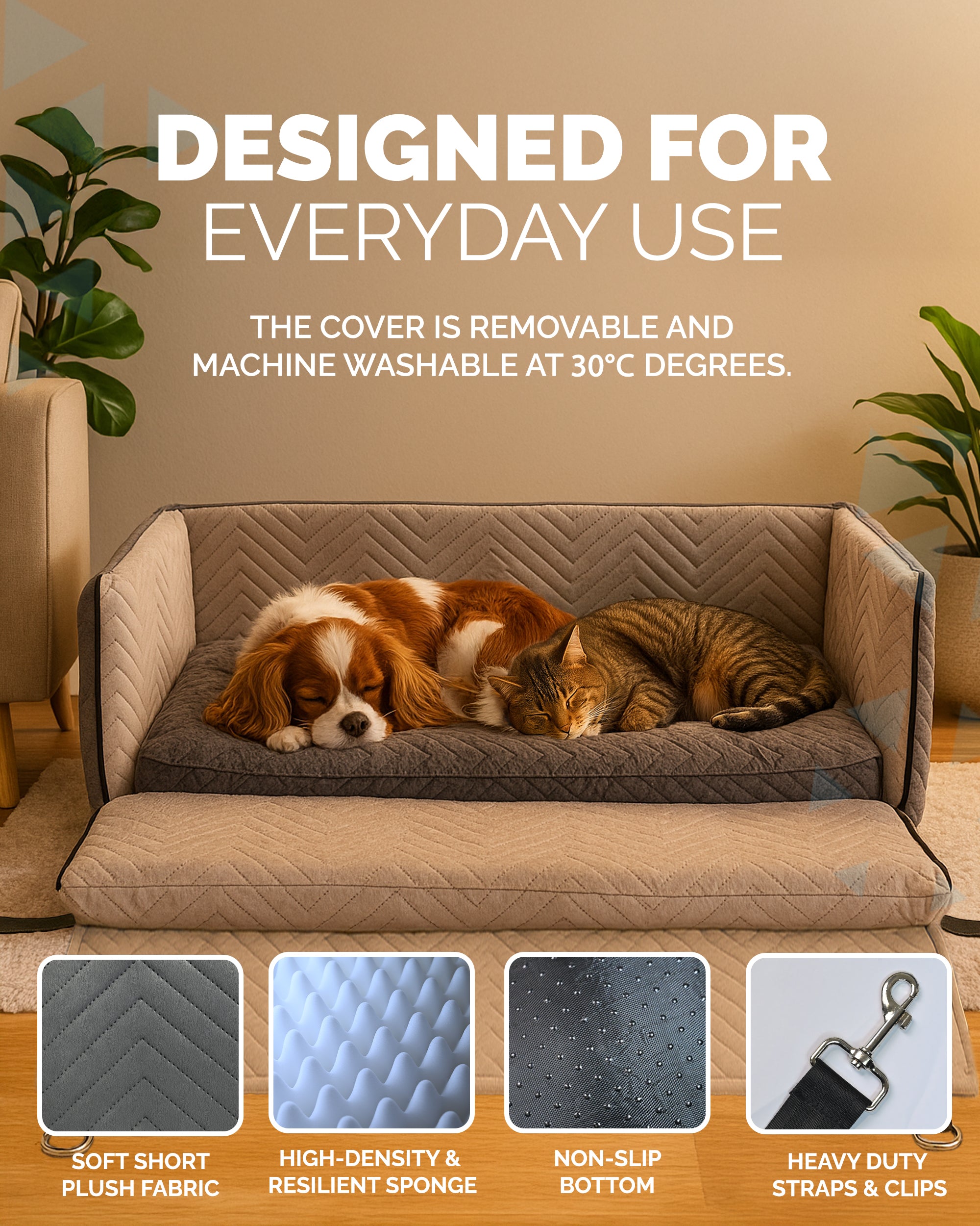 Furdreams XL Dog Car Seat – Plush Travel Bed with 10cm Foam Booster – Fits Dogs Up to 27kg – Non-Slip Base – 74x53x27cm – Converts to Cozy Sofa Bed – Machine Washable Cover