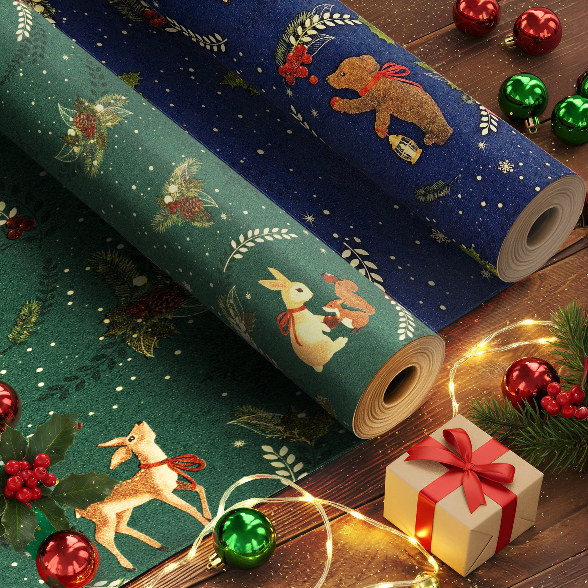 Kraft & Co 2 Pack Christmas Wrapping Paper Roll - Festive Designed Recyclable Kraft Paper, Perfect for Holiday Gifts, Arts & Crafts-Wrapping for a Merry Christmas (44.5cm x 25m)