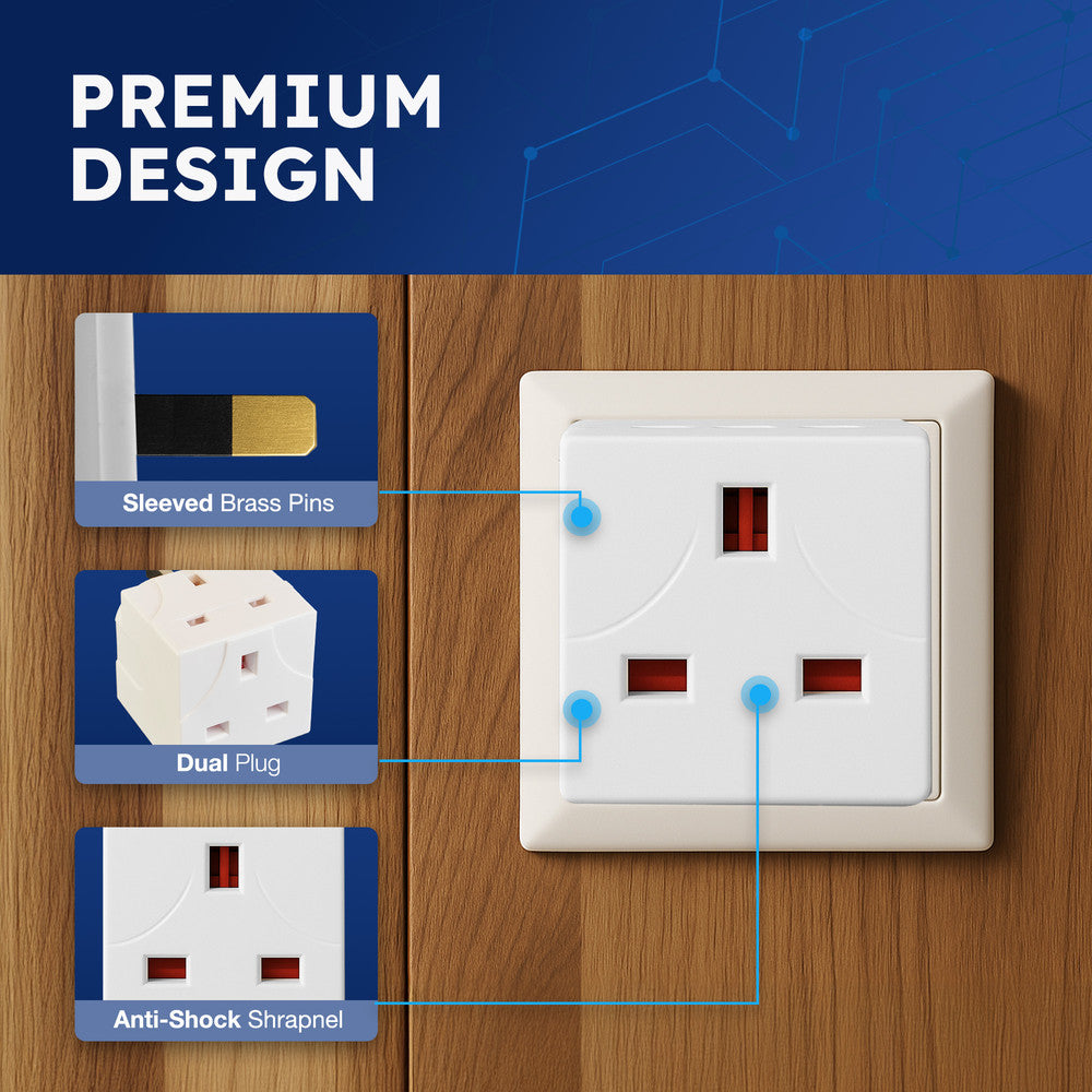 Desiretech 2 Way Adaptor – UK Double Plug Adapter with 13A Fuse – Compact Multi Plug Socket for Home & Office – Dual Extension Plug for Appliances, TV, PC, Kitchen & Lighting – White