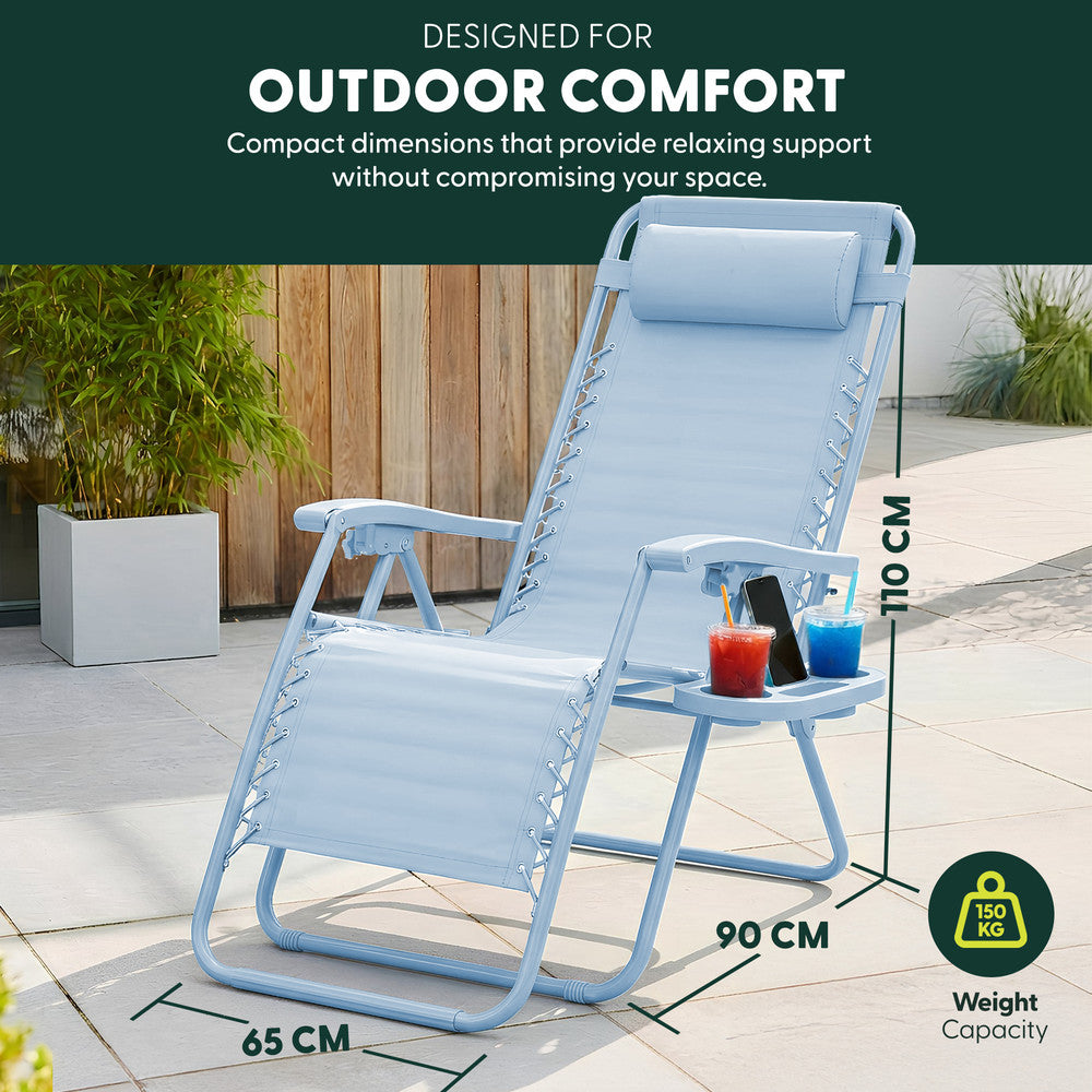 KEPLIN Set of 2 Heavy Duty Monocolour and Basic Textoline Zero Gravity Chairs for Garden Light Reclining Patio Sun loungers Easy to Clean Adjustable Head Rest Foldable with Cup & Phone Holder