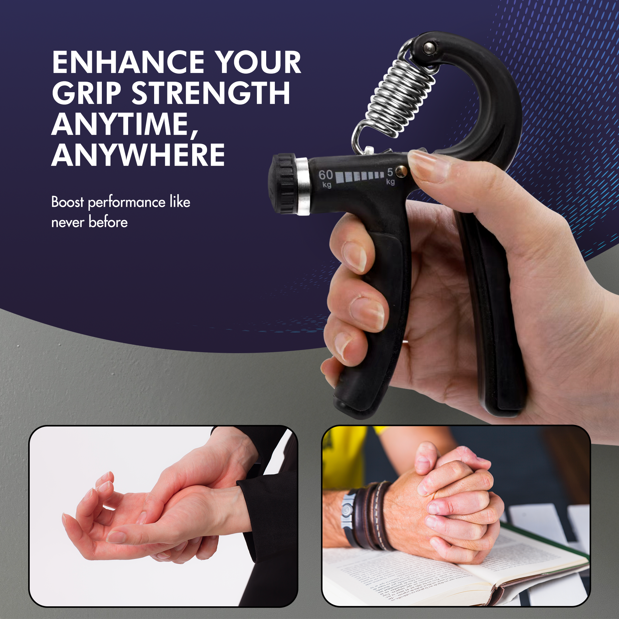 Kayman Grip Strengtheners - Adjustable Resistance Hand Exerciser - Strength Training for Forearm, Wrist & Hand - Durable PP+TPR - Fits All Hand Sizes ( Black )