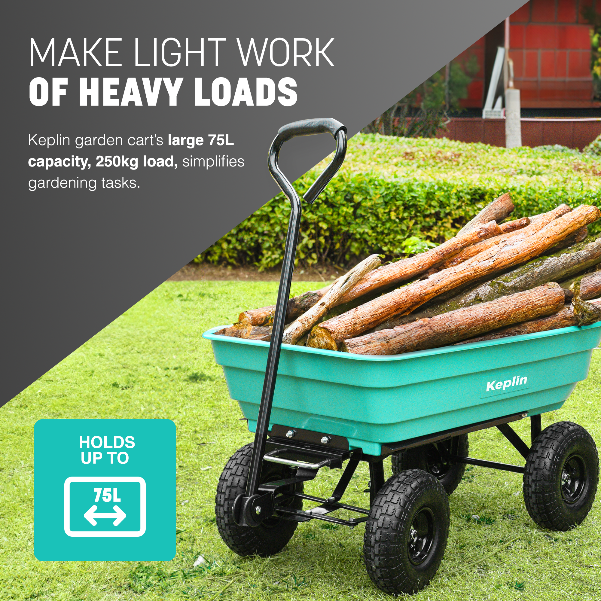 Keplin Plastic Wheelbarrow Cart(75L - 250kg Load), Heavy Duty Wheel Barrow with Tipping Mechanism, Tow Hitch & Pull Handle, Durable Steel Frame, 10” Pneumatic Wheels for Easy Transport on All Terrain