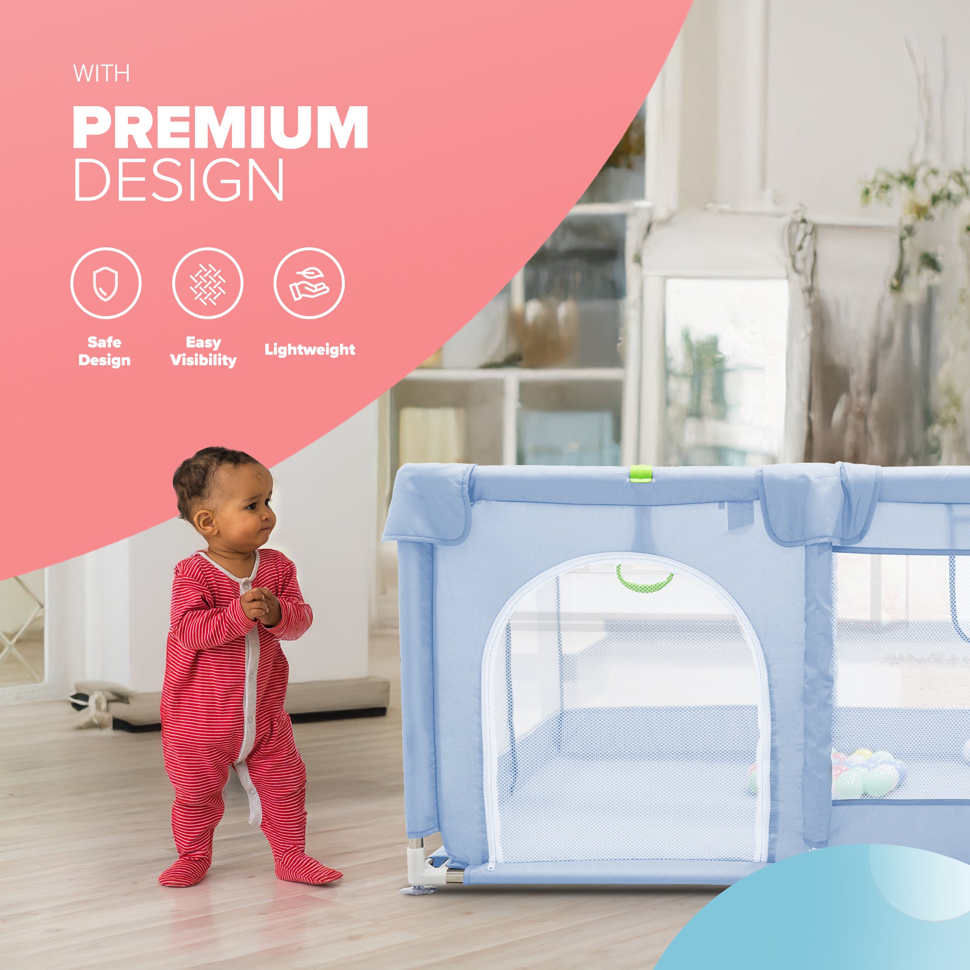 KIDOOLA Extra Large Baby Playpen with Padded Frame & Mesh Walls – Includes Balls & Pull Rings for Indoor & Outdoor Fun (150x180x65cm)