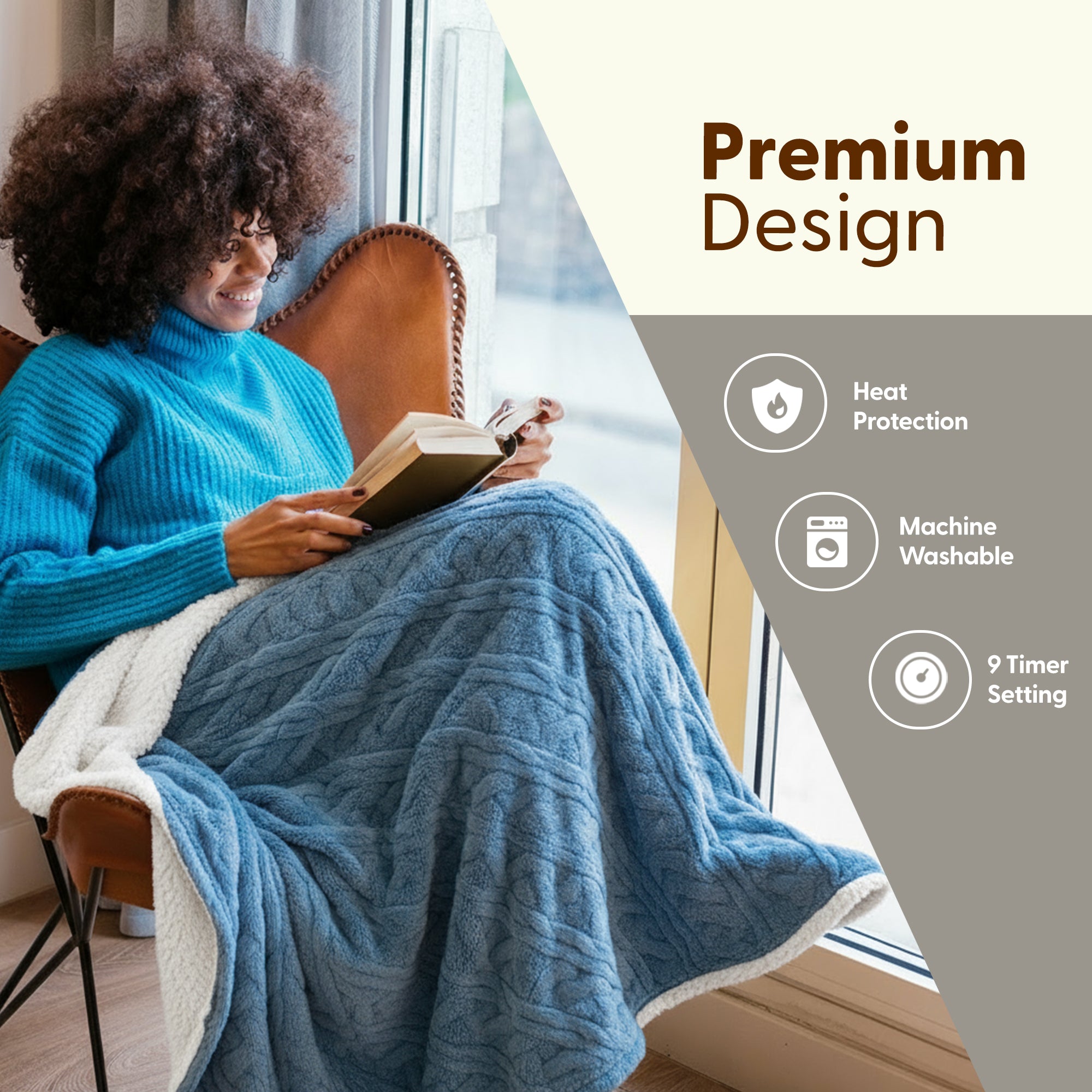 Electric Heated Throw Blanket - Machine Washable Fleece Wool Duvet, 9 Heat Settings & Timer