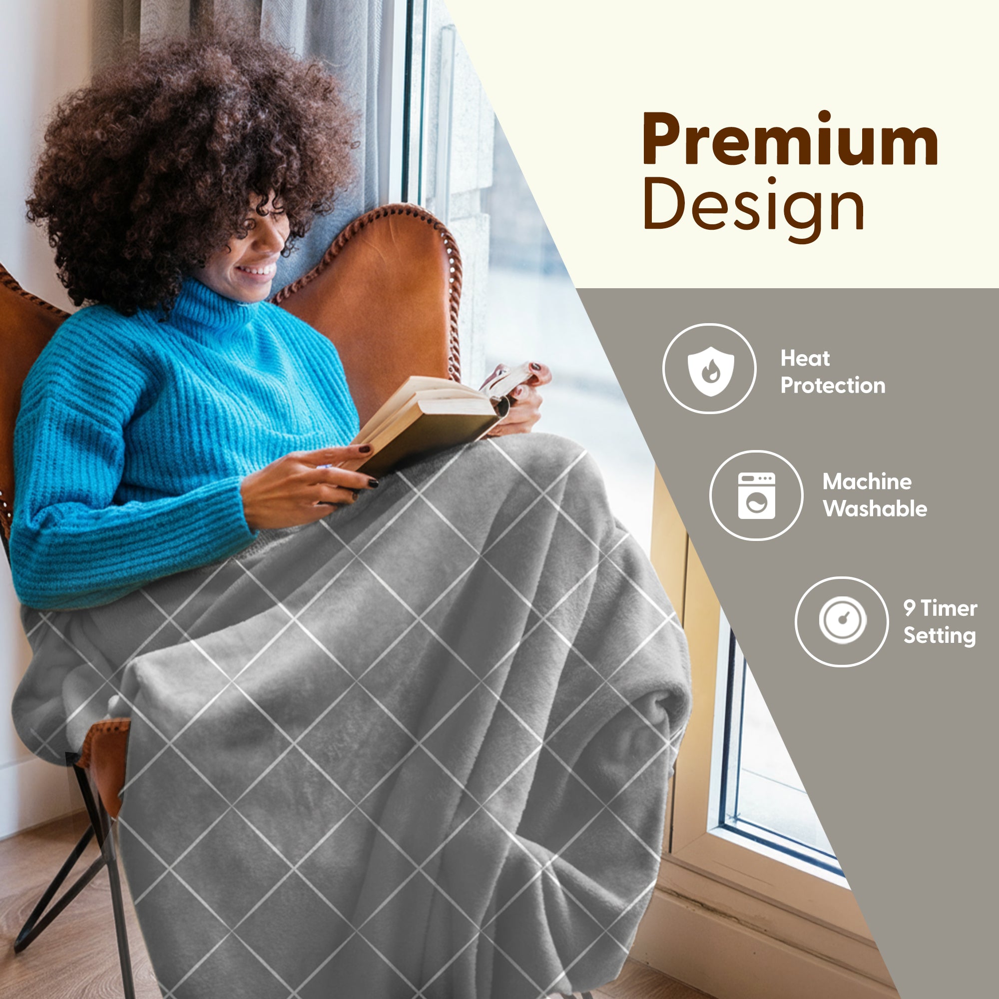 Electric Heated Throw Blanket - Machine Washable Fleece Wool Duvet, 9 Heat Settings & Timer
