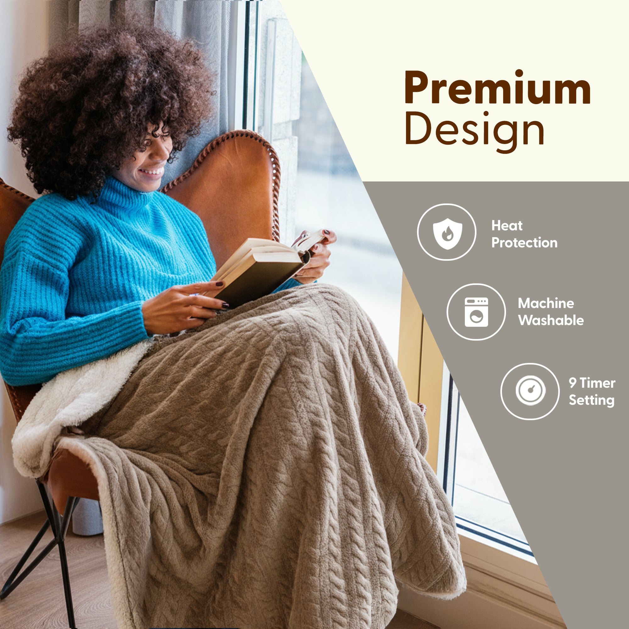 Electric Heated Throw Blanket - Machine Washable Fleece Wool Duvet, 9 Heat Settings & Timer