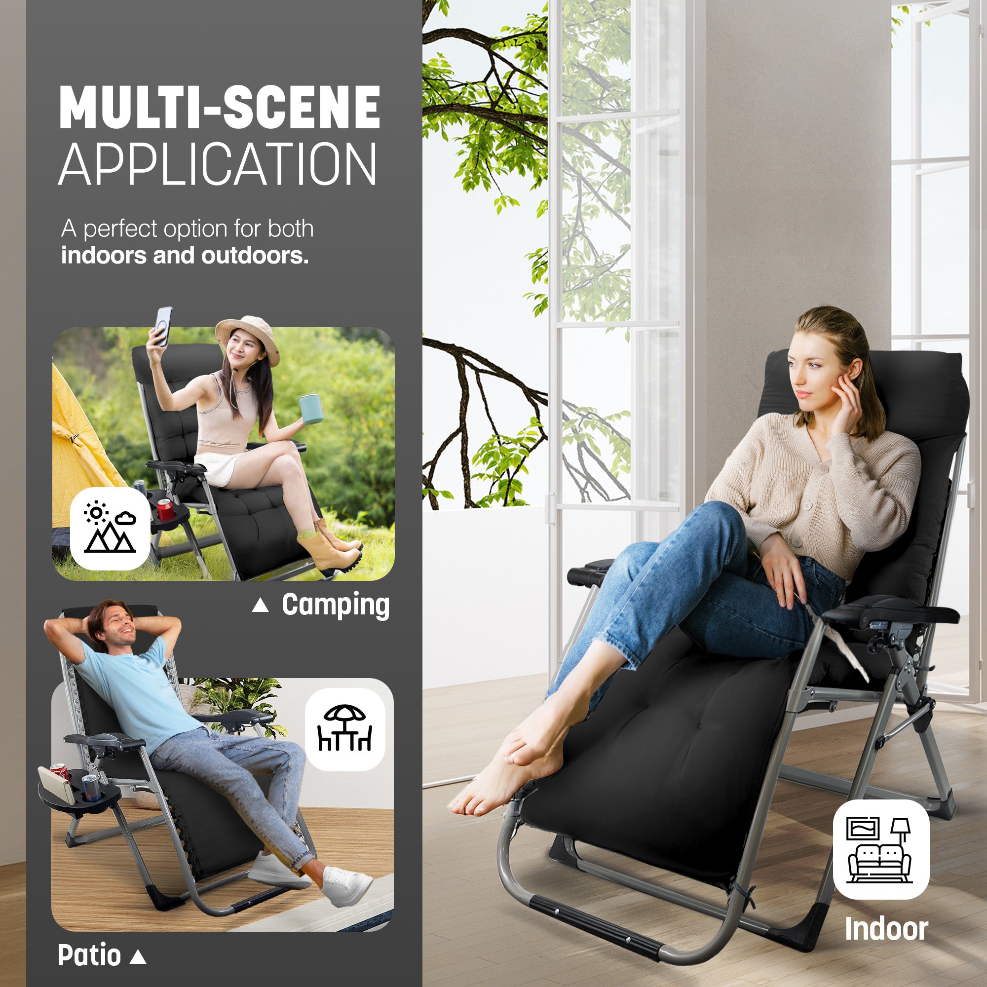 KEPLIN Square Tube Gravity Chair with Cushion – Extra-Wide 72cm Recliner, Adjustable Zero Gravity Lounger, Reinforced Frame, Supports 150kg, Premium Comfort for Indoor & Outdoor Relaxation