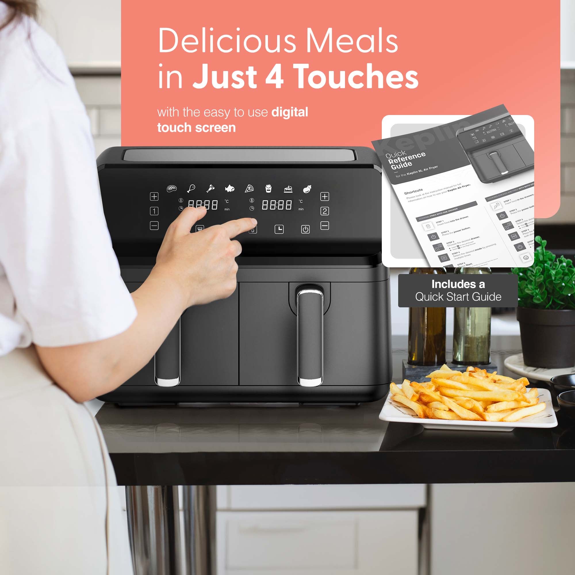 Keplin 9L Dual Zone Air Fryer - 2700W Energy-Saving Cooker with 6 Cooking Functions - Extra-Large Capacity for Healthy Meals - Roast, Bake, Dehydrate, Crisp - Family Size (9L)