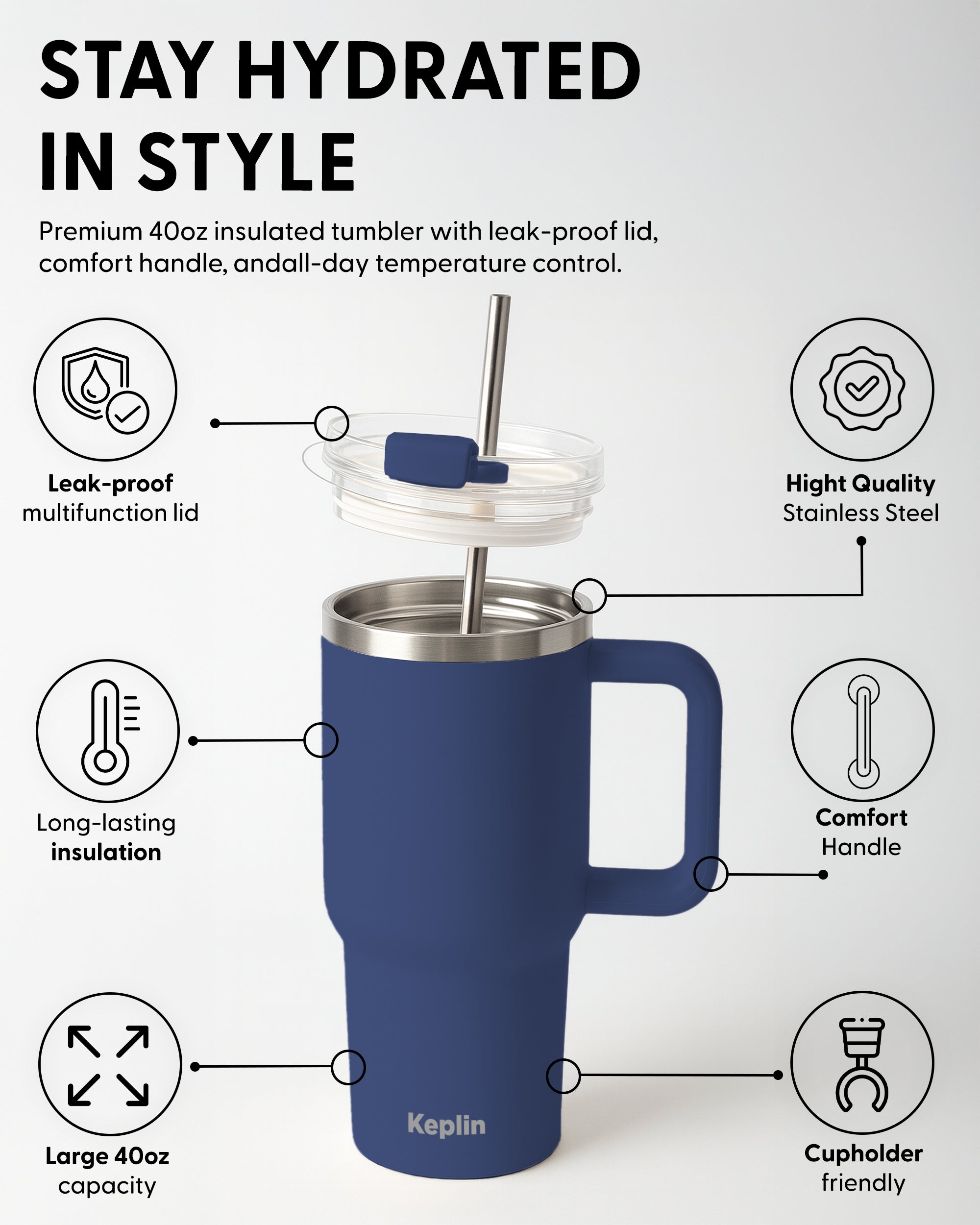 Keplin Tumbler 40 oz with Handle, Stainless Steel Vacuum Insulated Water Bottle with Straw and Lid, Cold for 29 Hours, Travel Mug, Thermal Flask, BPA Free