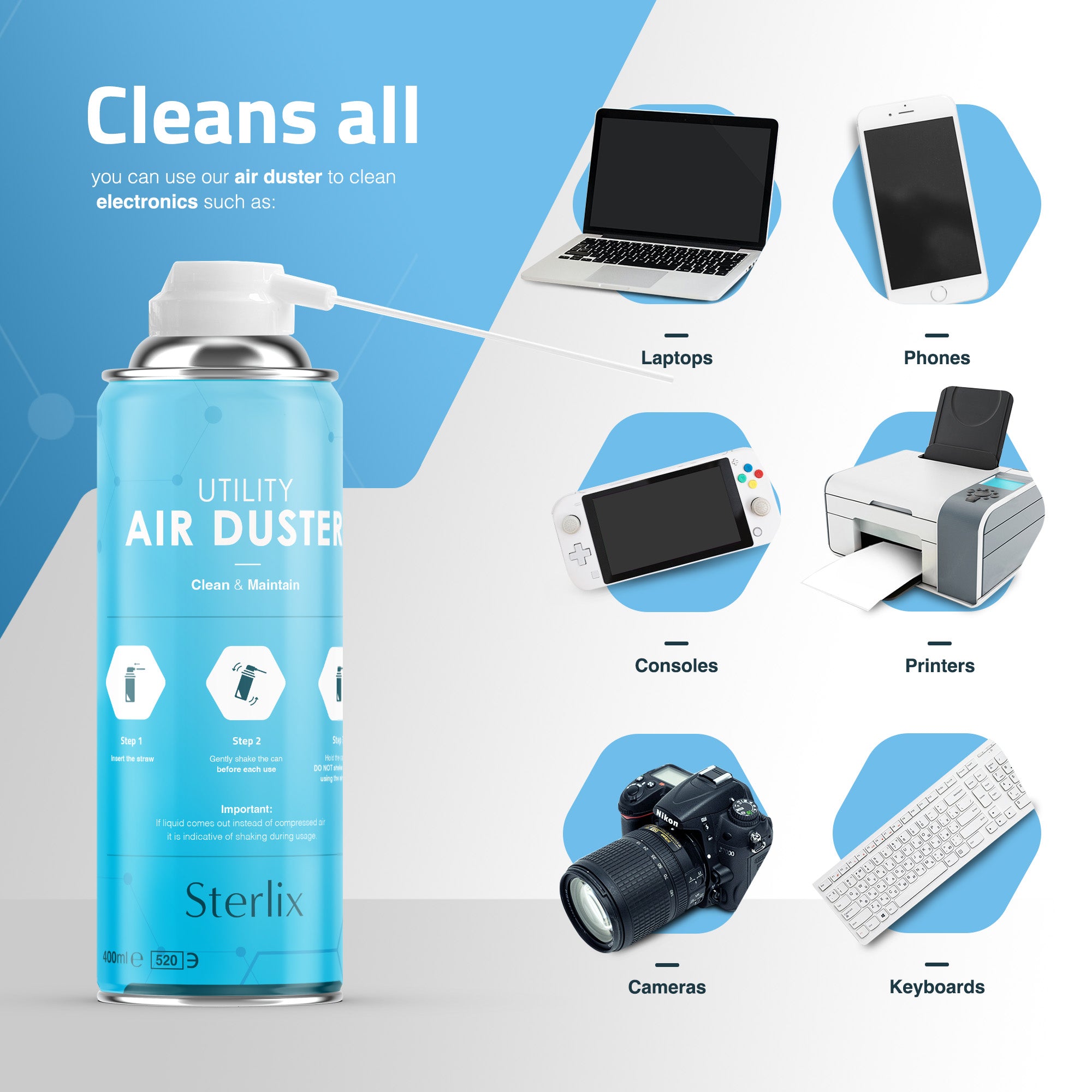 Air Duster Can 400ml Compressed Air Spray Can Dust Cleaner PC, Keyboard, Electronic Devices & Car Cleaning Protect & Maintain Easy Use Blow Dust & Dirt Extension Tube Professional Use