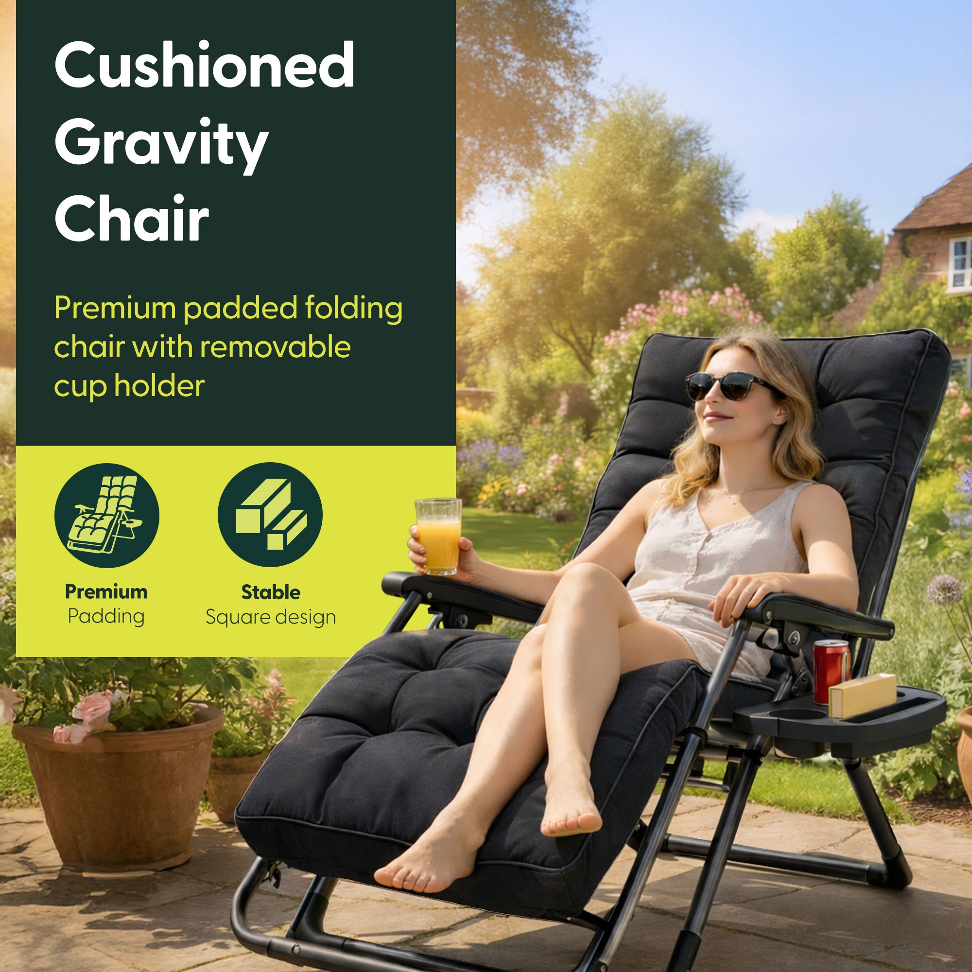 KEPLIN Square Tube Gravity Chair with Cushion – Extra-Wide 72cm Recliner, Adjustable Zero Gravity Lounger, Reinforced Frame, Supports 150kg, Premium Comfort for Indoor & Outdoor Relaxation