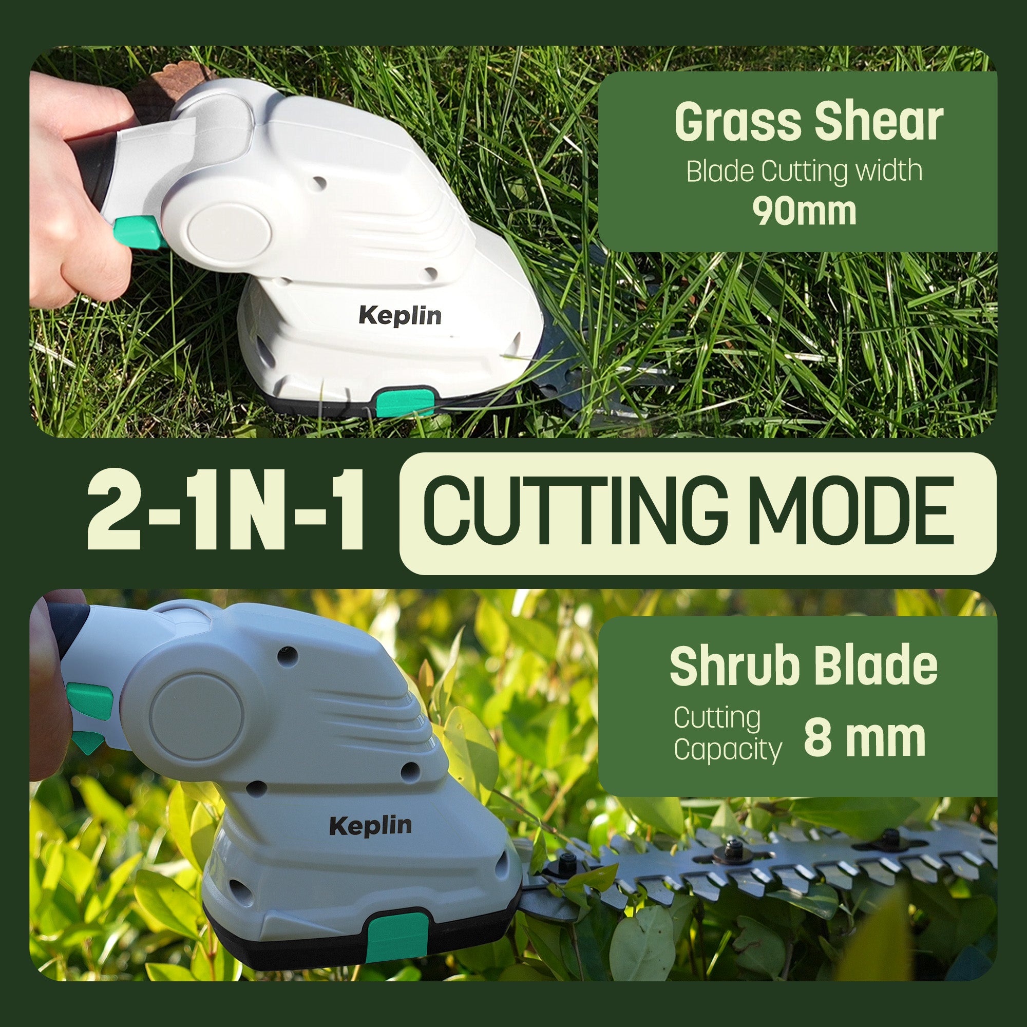 Keplin 2-in-1 Cordless Grass Shear & Hedge Trimmer – 7.2V Rechargeable 1500mAh Battery, Lightweight Handheld Garden Edging & Shrub Cutter with 2 Interchangeable Blades for Precise Trimming
