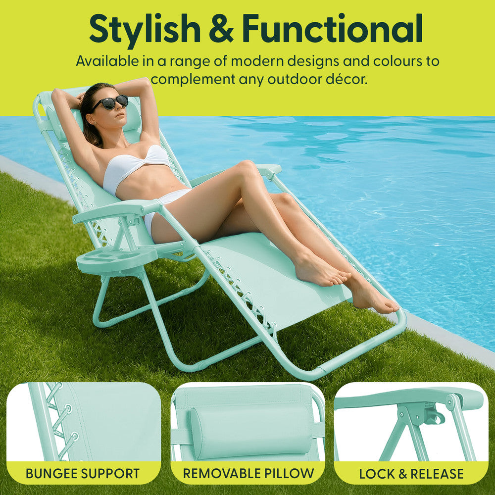 KEPLIN Set of 2 Heavy Duty Monocolour and Basic Textoline Zero Gravity Chairs for Garden Light Reclining Patio Sun loungers Easy to Clean Adjustable Head Rest Foldable with Cup & Phone Holder