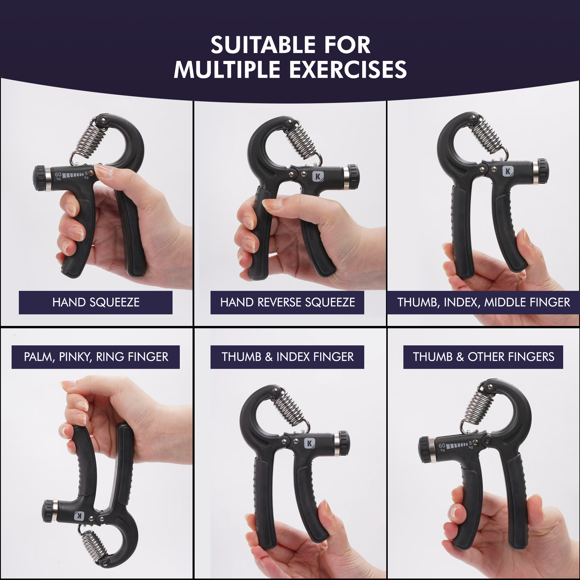 Kayman Grip Strengtheners - Adjustable Resistance Hand Exerciser - Strength Training for Forearm, Wrist & Hand - Durable PP+TPR - Fits All Hand Sizes ( Black )