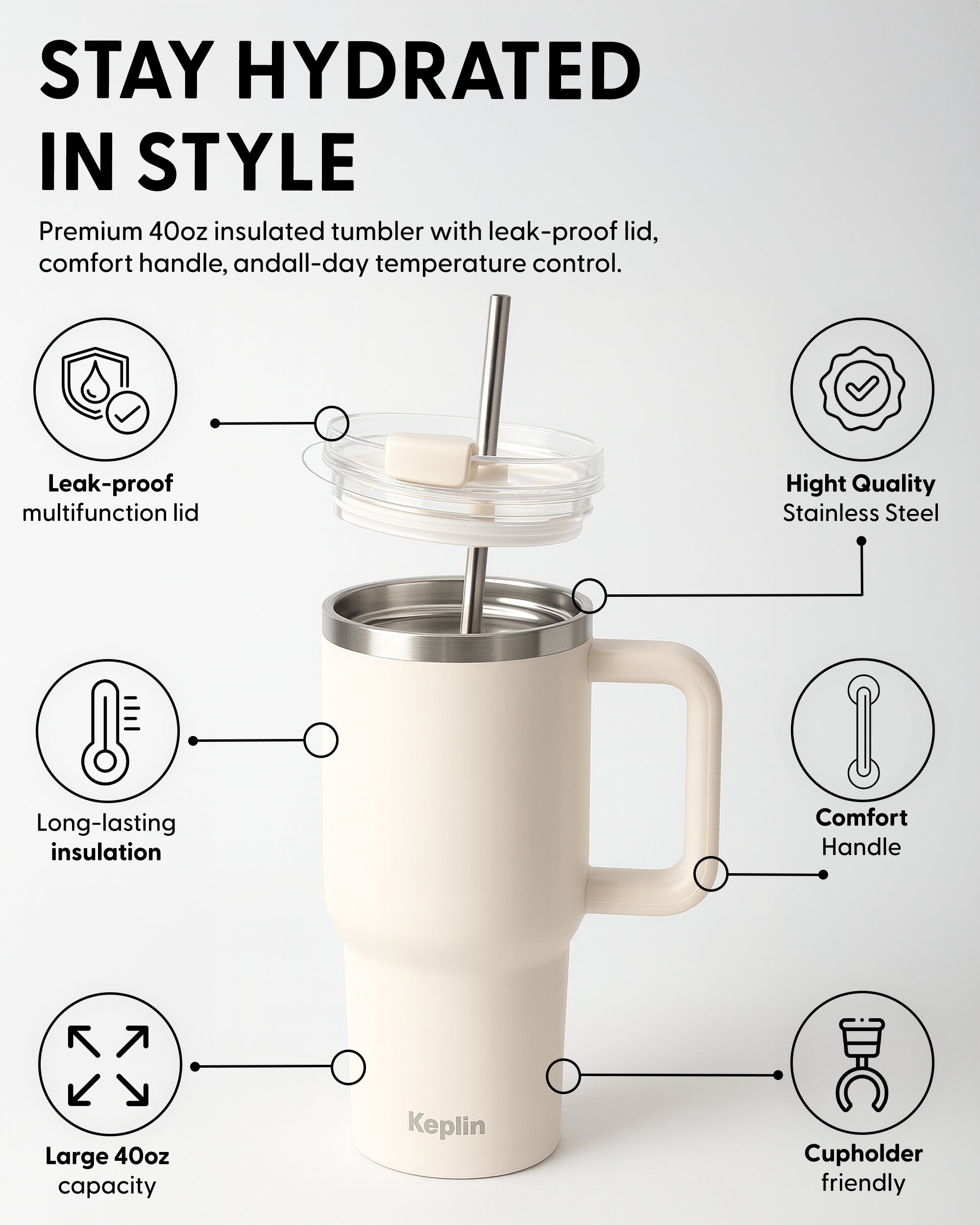 Keplin Tumbler 40 oz with Handle, Stainless Steel Vacuum Insulated Water Bottle with Straw and Lid, Cold for 29 Hours, Travel Mug, Thermal Flask, BPA Free