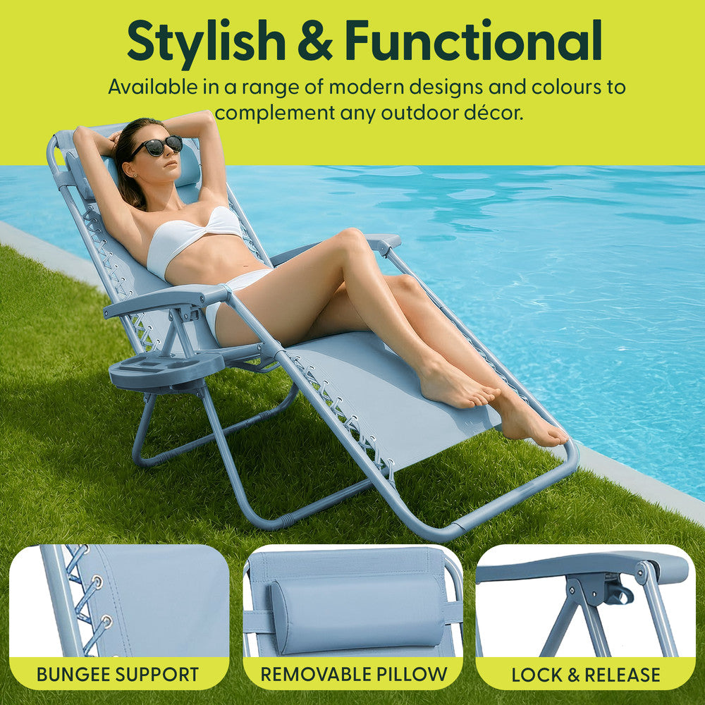 KEPLIN Set of 2 Heavy Duty Monocolour and Basic Textoline Zero Gravity Chairs for Garden Light Reclining Patio Sun loungers Easy to Clean Adjustable Head Rest Foldable with Cup & Phone Holder