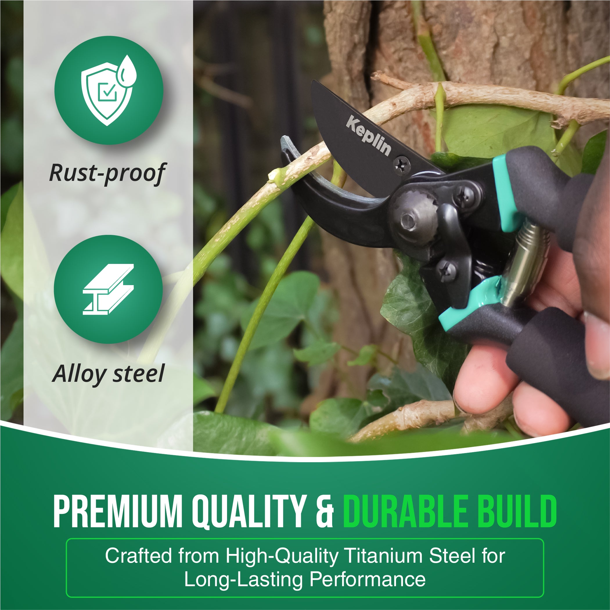 Keplin - 8" Garden Secateurs | Titanium Steel Blades, Drop Forged Aluminum Handles, Non-Slip Grip | Heavy Duty Pruning Shears for Gardening, Tree Branch Cutter with Sap Groove, Rust-Resistant
