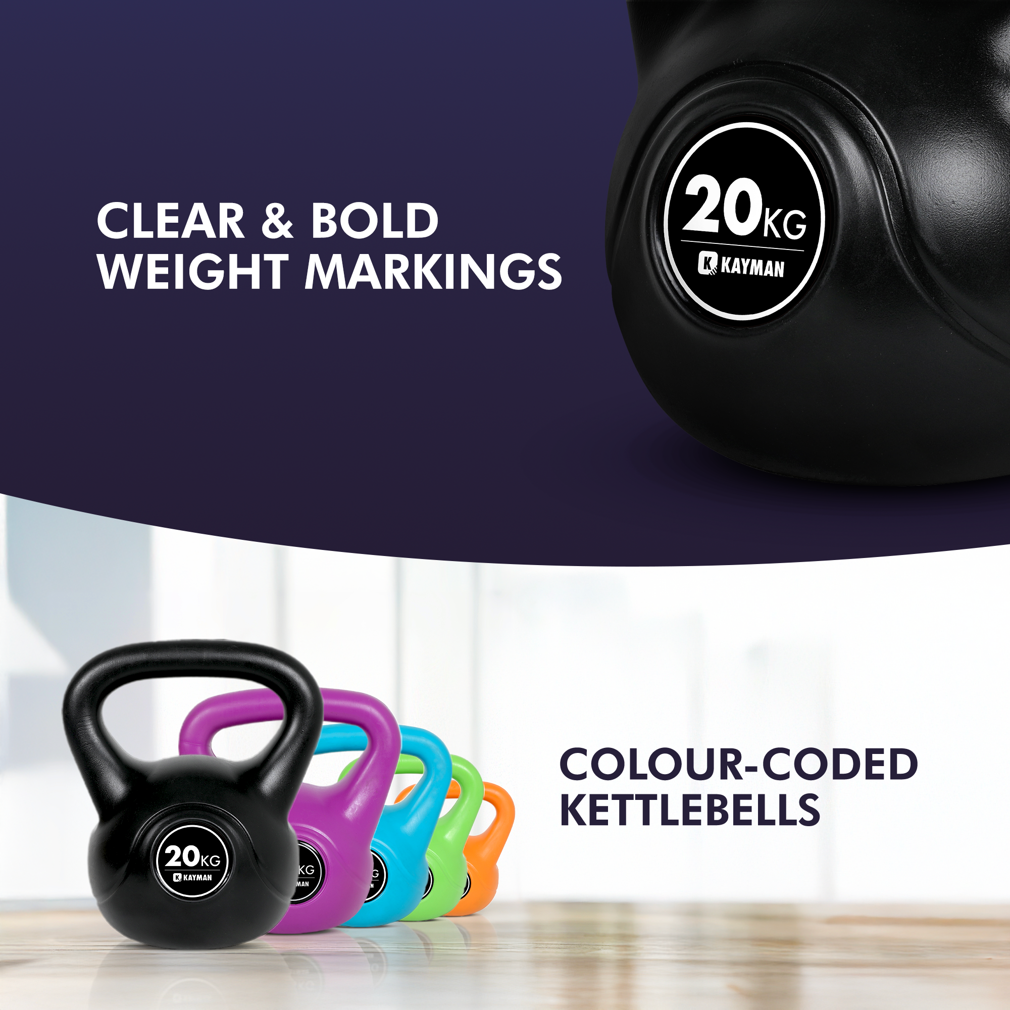 Kayman Kettlebell 4KG, 6KG, 8KG, 12KG, 16KG, 20KG - Ergonomic Handle & Flat Bottom for Stability - Home Gym Weight for Strength Training & Cardio - Versatile Range for Fitness Workouts