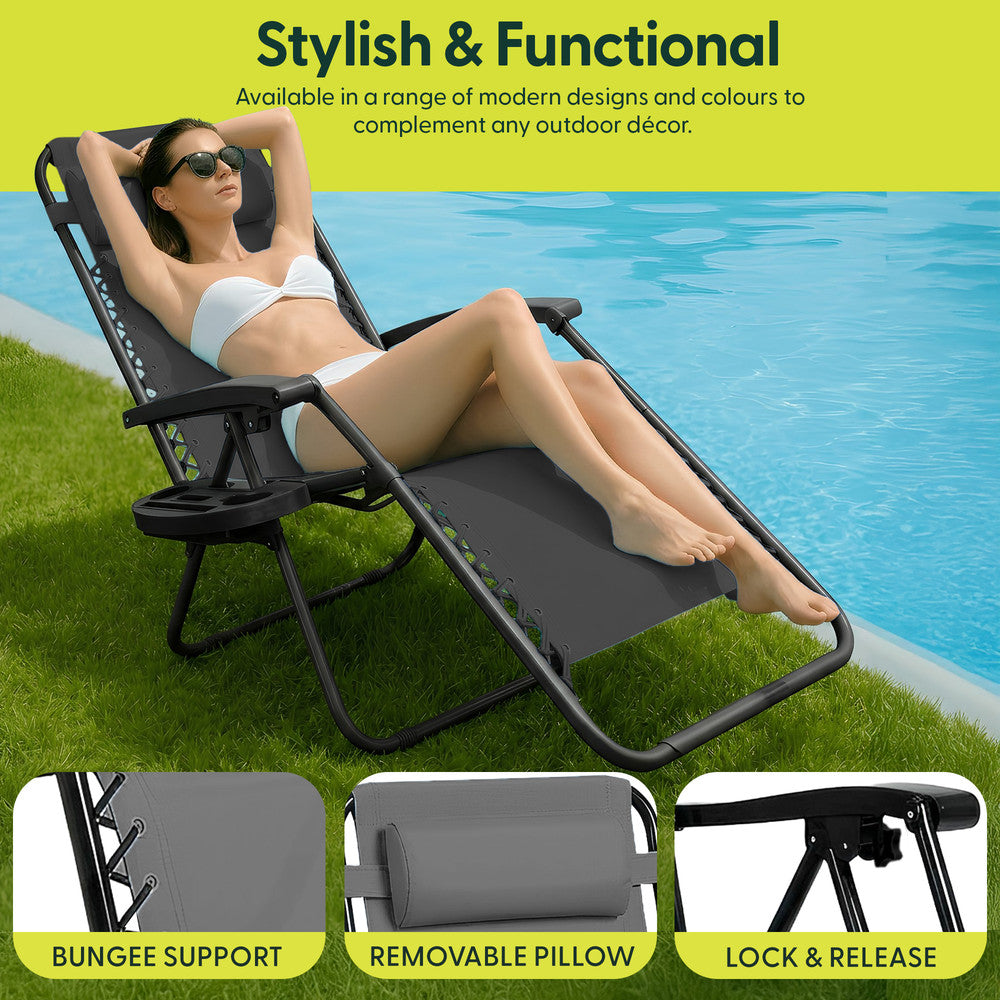 KEPLIN Set of 2 Heavy Duty Monocolour and Basic Textoline Zero Gravity Chairs for Garden Light Reclining Patio Sun loungers Easy to Clean Adjustable Head Rest Foldable with Cup & Phone Holder