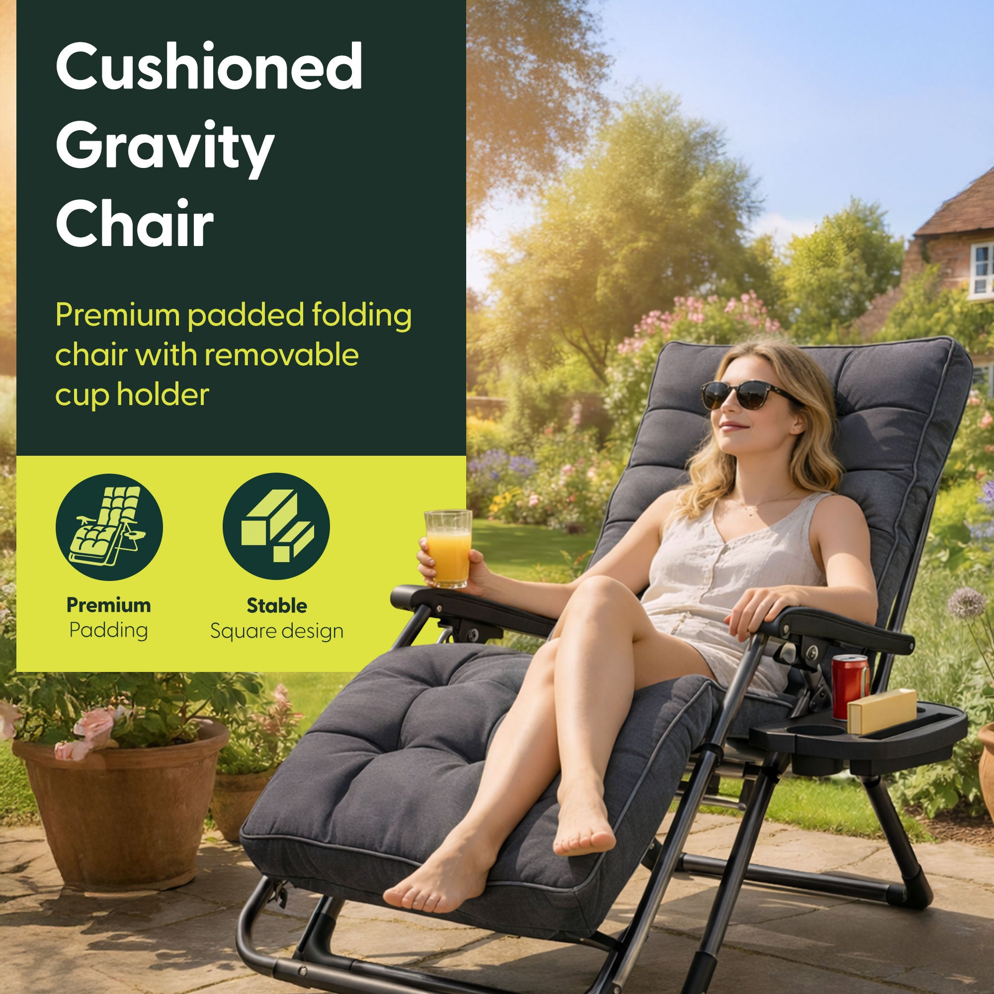 KEPLIN Square Tube Gravity Chair with Cushion – Extra-Wide 72cm Recliner, Adjustable Zero Gravity Lounger, Reinforced Frame, Supports 150kg, Premium Comfort for Indoor & Outdoor Relaxation