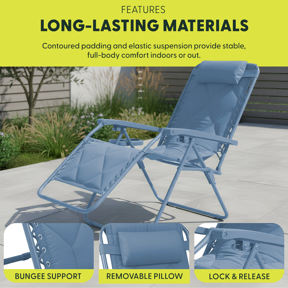 KEPLIN Set of 2 XXL Premium Heavy Duty Quilted Zero Gravity Chairs - Luxurious Garden Recliners, Adjustable Headrest, Cup & Phone Holder, Foldable, Easy to Clean Patio Sun Loungers