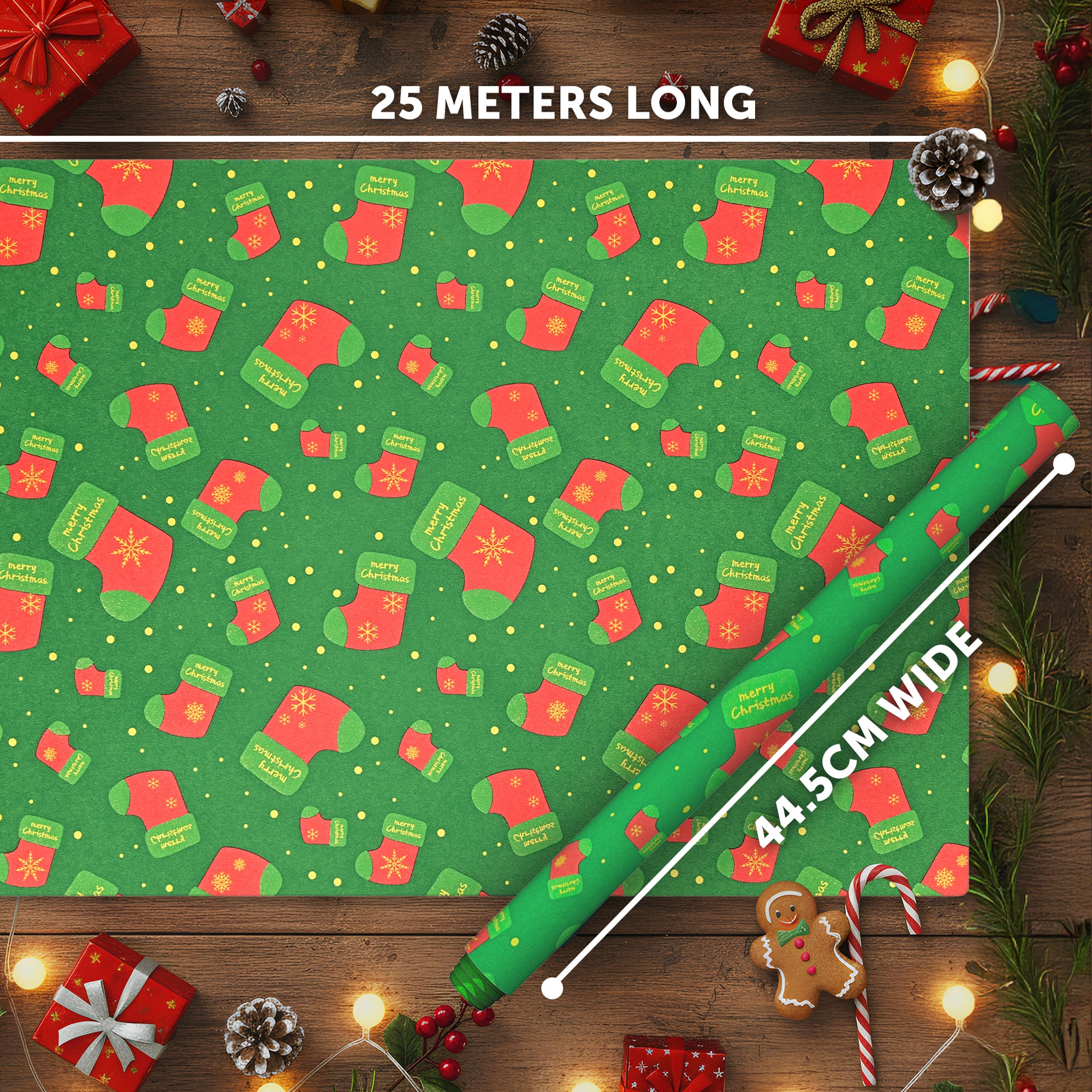 Kraft & Co 2 Pack Christmas Wrapping Paper Roll - Festive Designed Recyclable Kraft Paper, Perfect for Holiday Gifts, Arts & Crafts-Wrapping for a Merry Christmas (44.5cm x 25m)