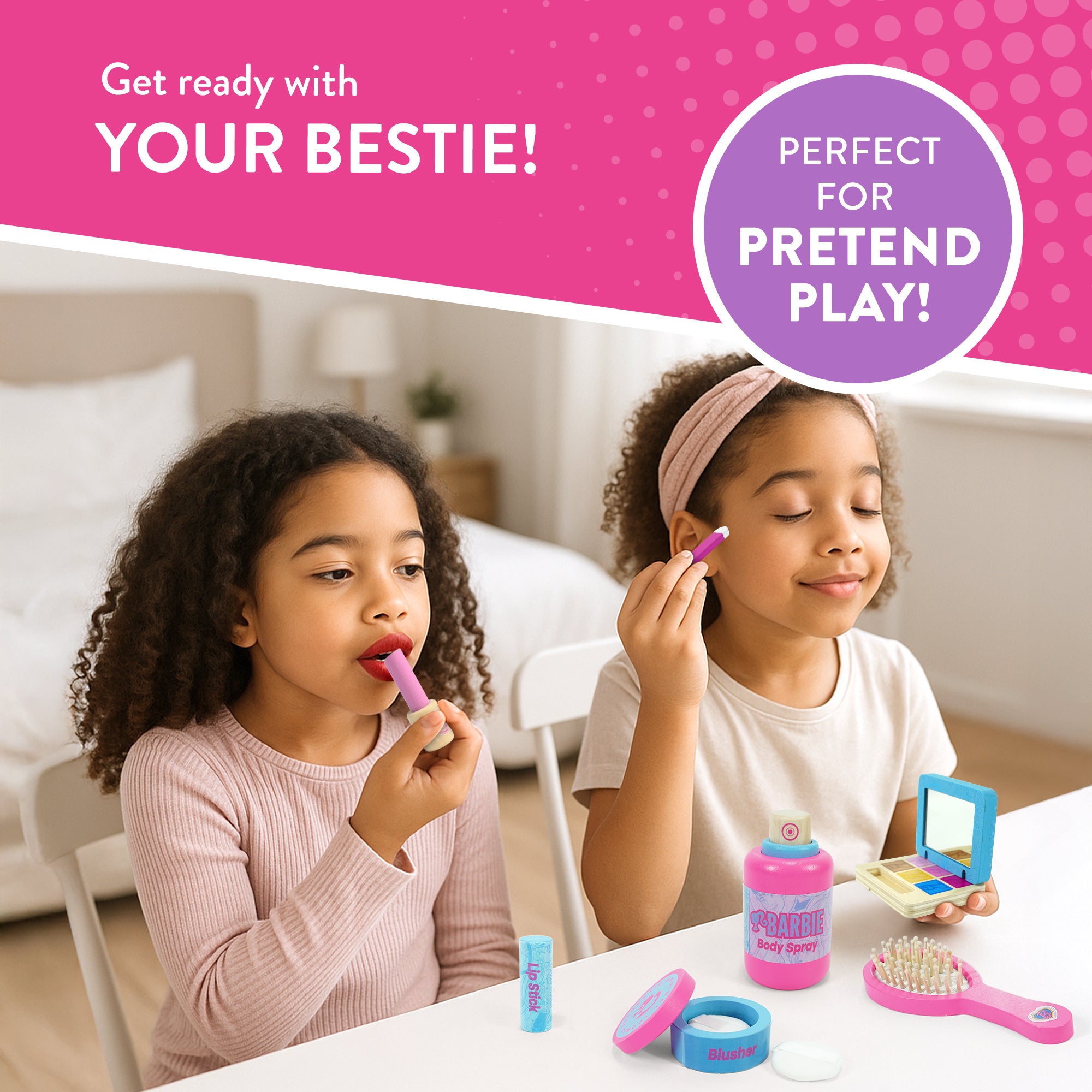 Barbie TT Beauty Set, Wooden Toy Makeup Set with Mirror & Carry Case – Pretend Play Beauty Set for Kids – Includes Brush, Lipstick, Blusher, Eyeshadow, Body Spray & Accessories – Pink Vanity Play Set
