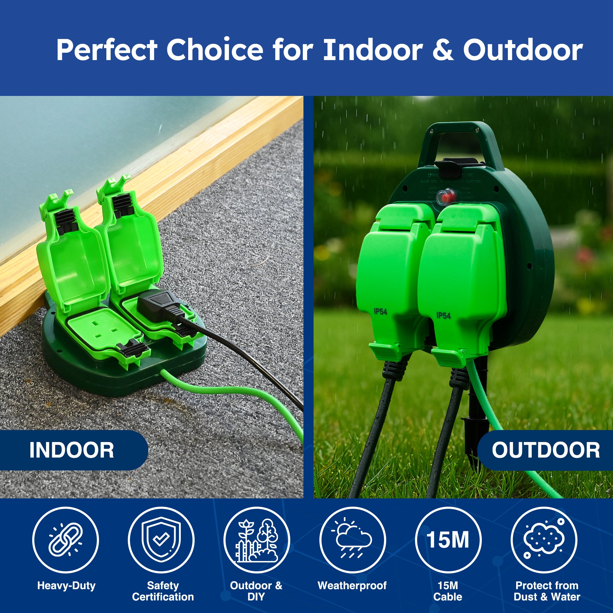 Desiretech - 10m / 15m Weatherproof Extension Cable - with Sockets - 13 Amp Outdoor Lead - Waterproof IP54 - Durable Green Cable for Garden, Outdoor Equipment & Power Tools - Flexible & Heavy Duty Design