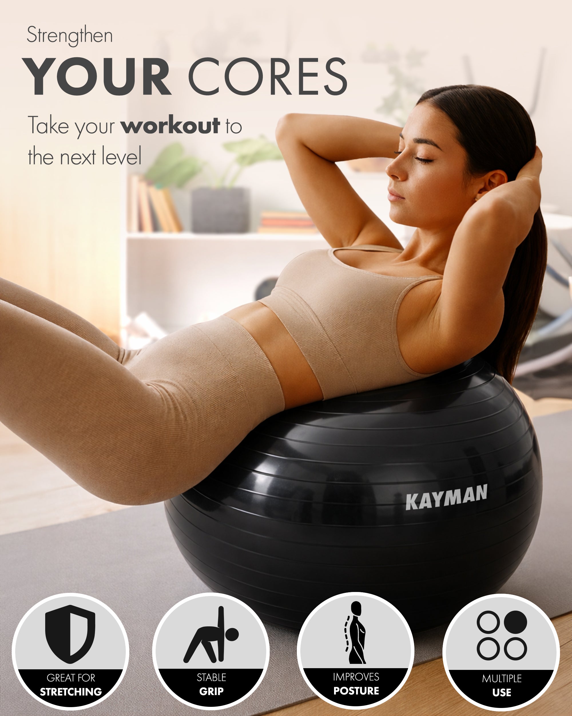 KAYMAN Exercise Ball - Anti-Burst System, Non-Slip Rings, Durable Material, Easy to Inflate, Ideal for Yoga, Pilates, Fitness, Balance Training, Gym, and Home Workouts