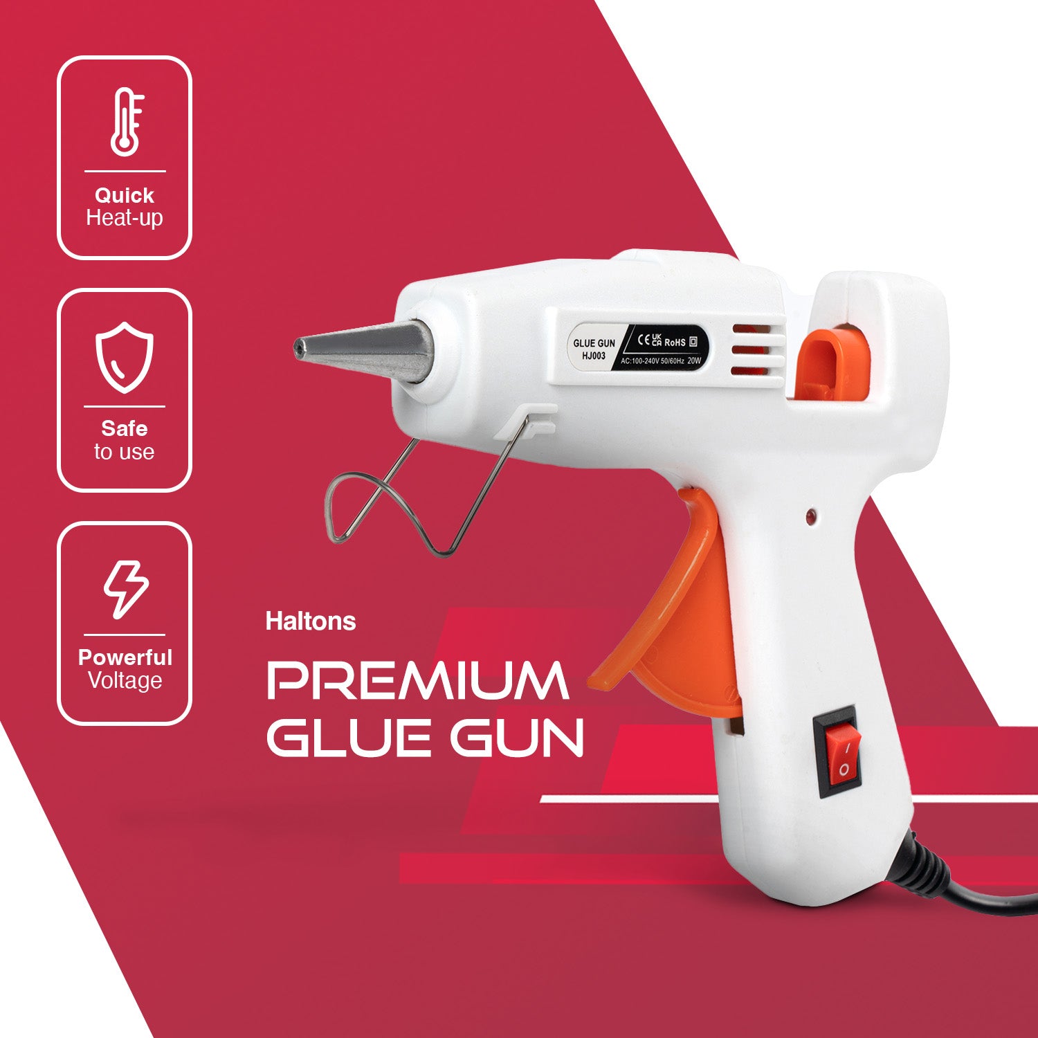 Haltons Hot Glue Gun - 20W Safe Electric Glue Gun with 50 Melt Glue Sticks (150mm x 7mm), Perfect for DIY, Arts, Crafts and Repair, Compatible with Wood, Glass, Metal, Plastic & Fabric