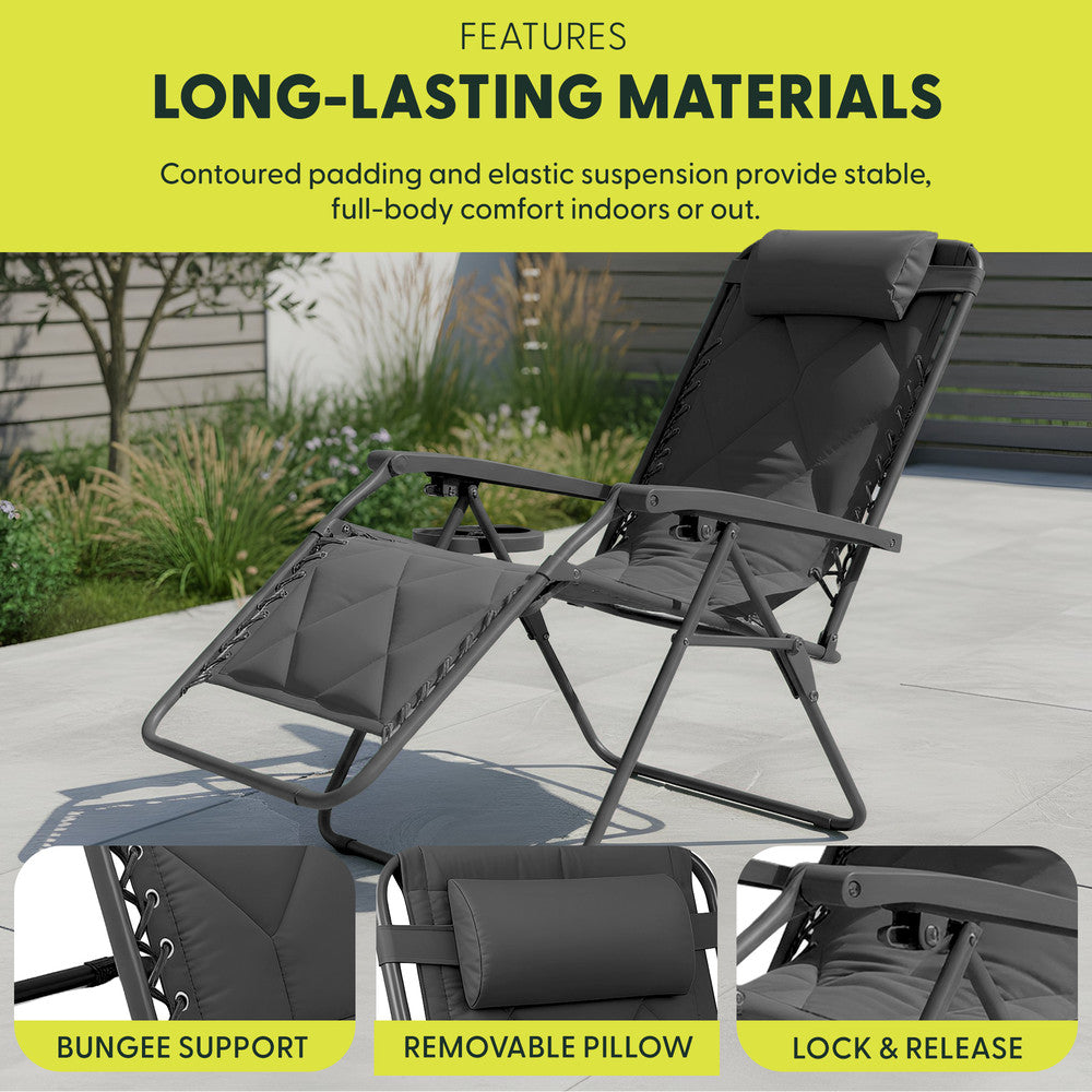 KEPLIN Set of 2 XXL Premium Heavy Duty Quilted Zero Gravity Chairs - Luxurious Garden Recliners, Adjustable Headrest, Cup & Phone Holder, Foldable, Easy to Clean Patio Sun Loungers