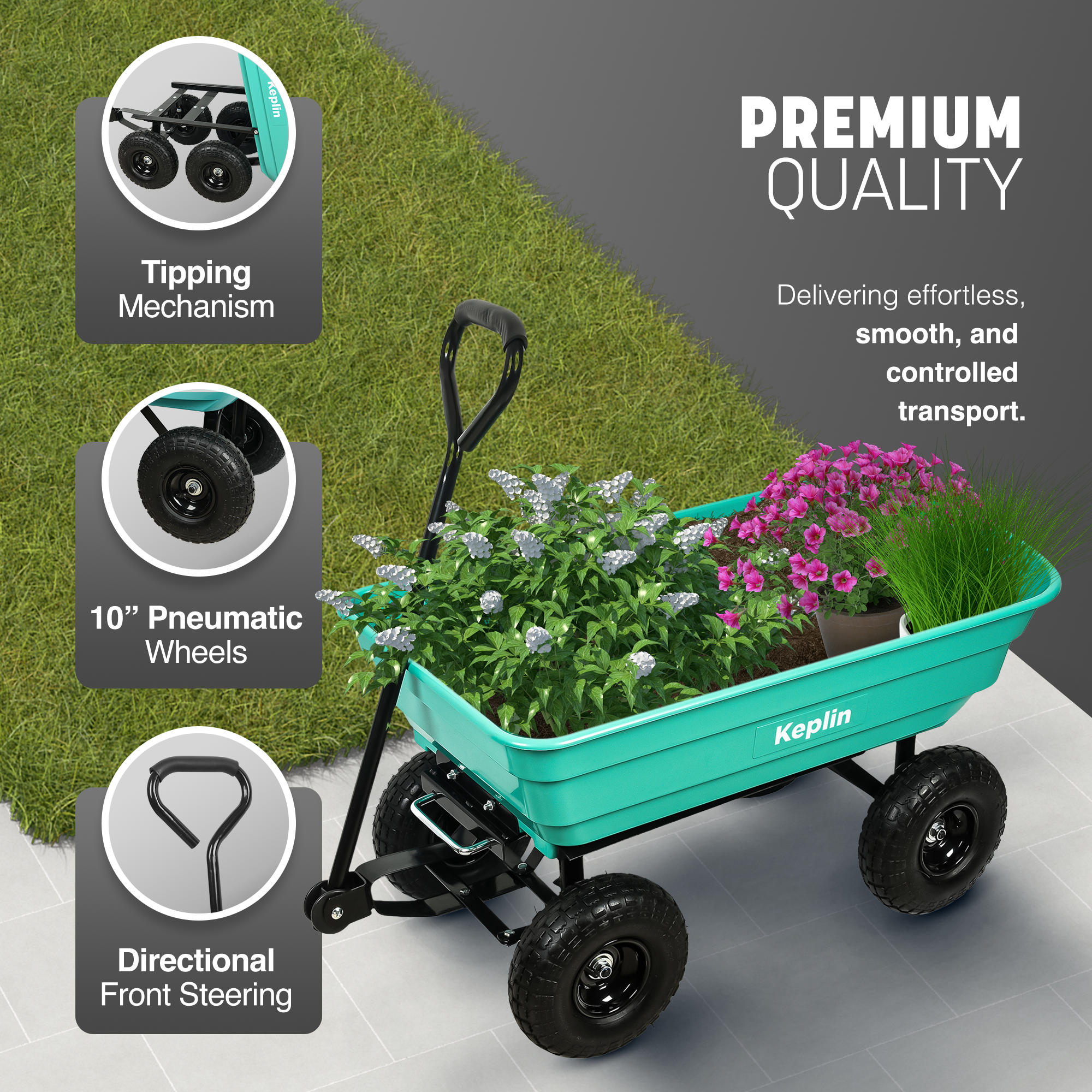 Keplin Plastic Wheelbarrow Cart(75L - 250kg Load), Heavy Duty Wheel Barrow with Tipping Mechanism, Tow Hitch & Pull Handle, Durable Steel Frame, 10” Pneumatic Wheels for Easy Transport on All Terrain