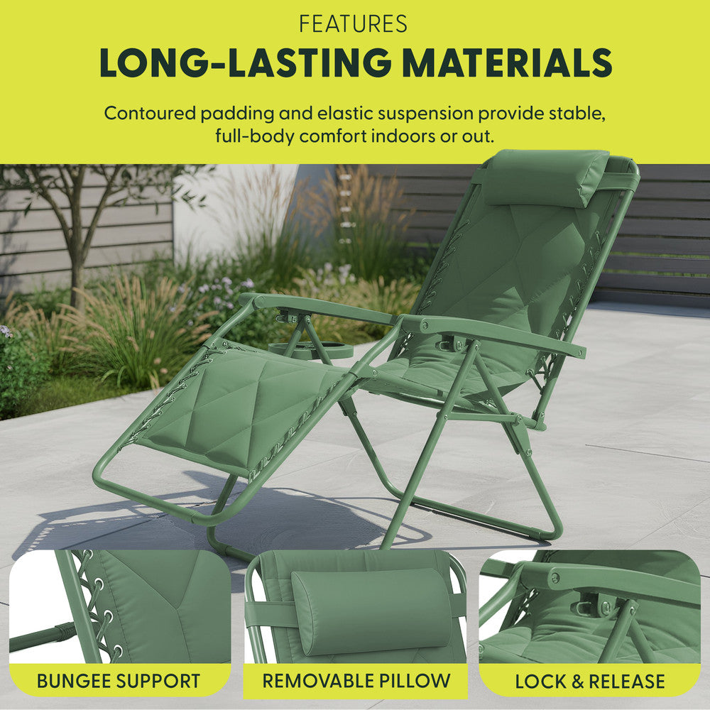 KEPLIN Set of 2 XXL Premium Heavy Duty Quilted Zero Gravity Chairs - Luxurious Garden Recliners, Adjustable Headrest, Cup & Phone Holder, Foldable, Easy to Clean Patio Sun Loungers