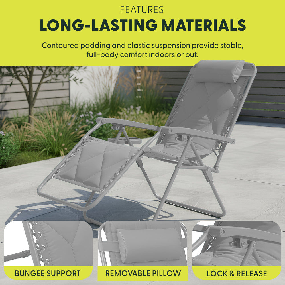 KEPLIN Set of 2 XXL Premium Heavy Duty Quilted Zero Gravity Chairs - Luxurious Garden Recliners, Adjustable Headrest, Cup & Phone Holder, Foldable, Easy to Clean Patio Sun Loungers