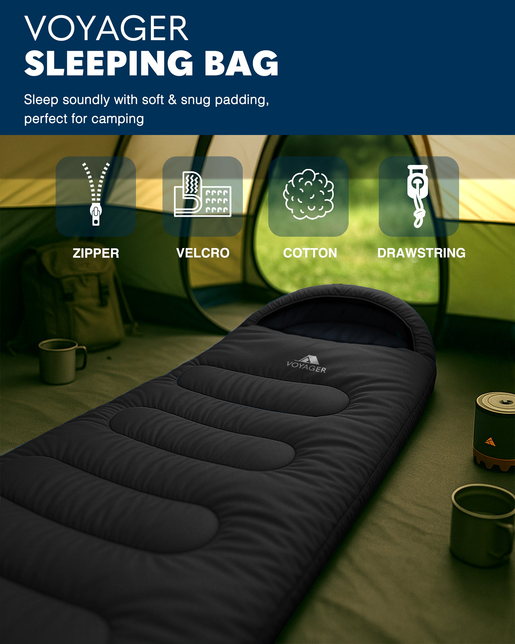 Voyager Sleeping Bag for Adults - Lightweight & Compact, Versatile 3-4 Season Temperature, Spacious Design, Quality Material, Ideal for Camping & Backpacking - 190x30x80cm