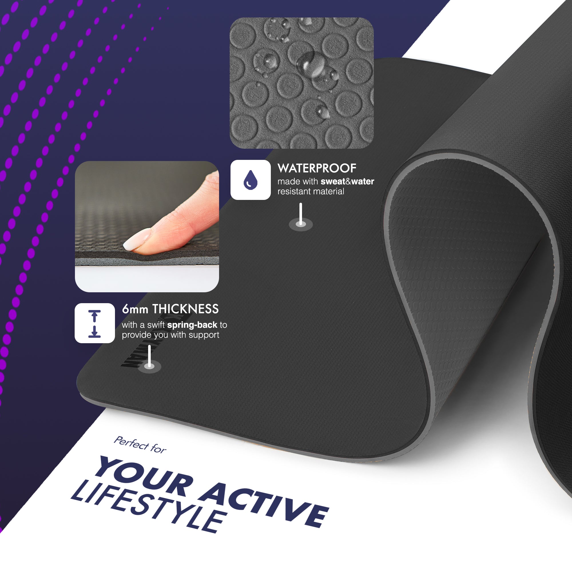 KAYMAN Yoga & Exercise Mat with Carry Strap, Large Non-Slip Comfortable Training & Workout Floor Mat for Home or Outdoor, Gym, Pilates, Gymnastics, HiiT, Stretching & Meditation