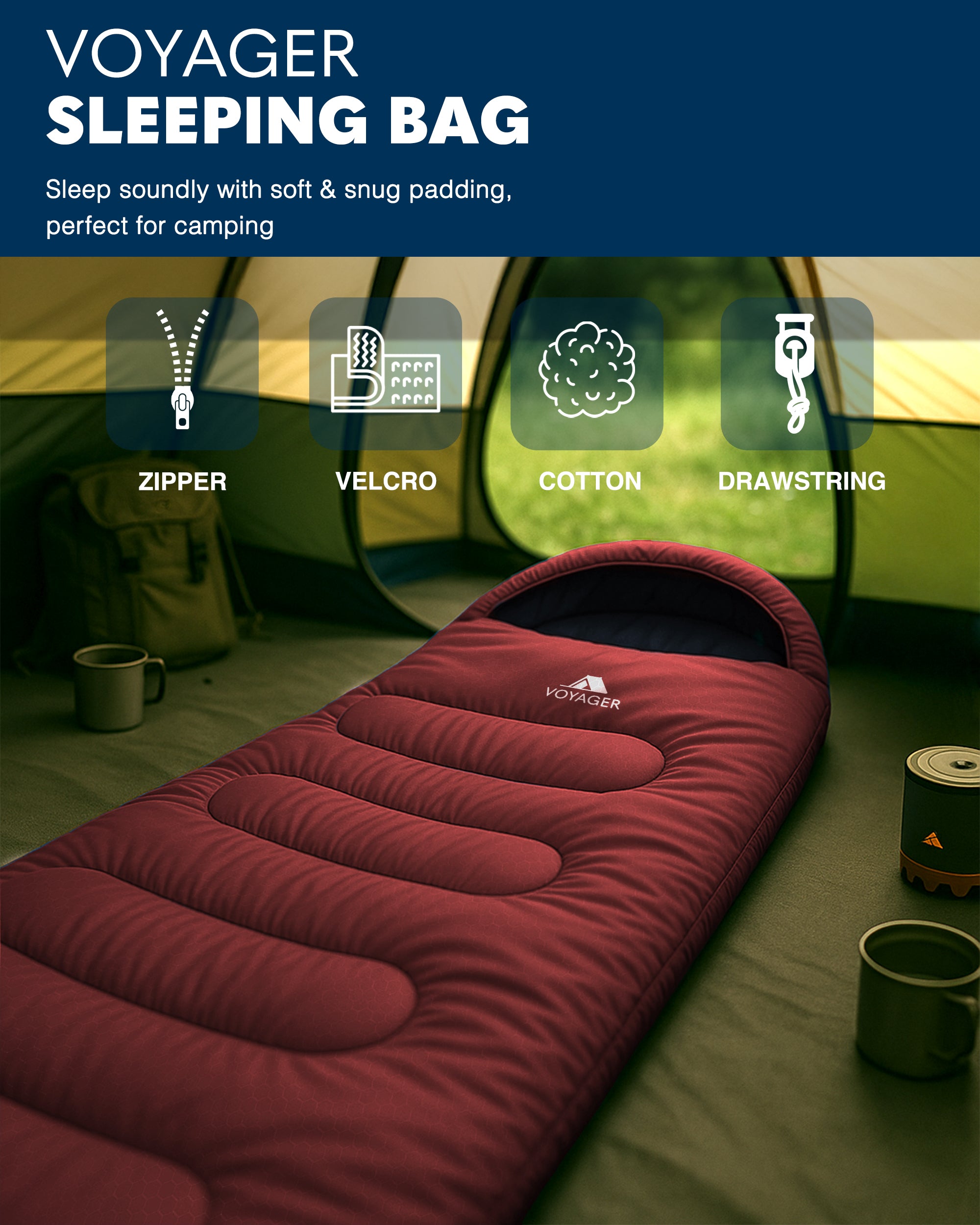 Voyager Sleeping Bag for Adults - Lightweight & Compact, Versatile 3-4 Season Temperature, Spacious Design, Quality Material, Ideal for Camping & Backpacking - 190x30x80cm