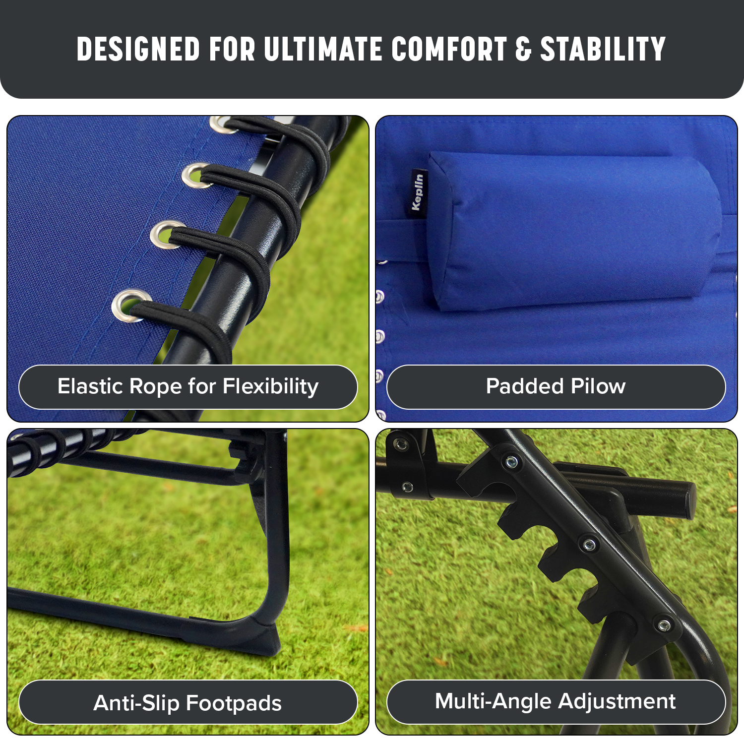 KEPLIN Foldable Recliner Sun Lounger - 600D Oxford Fabric - Adjustable Back and Leg Rests - Lightweight and Portable - Compact Space-Saving Design - Durable Outdoor Use - 190 x 65 x 30 cm